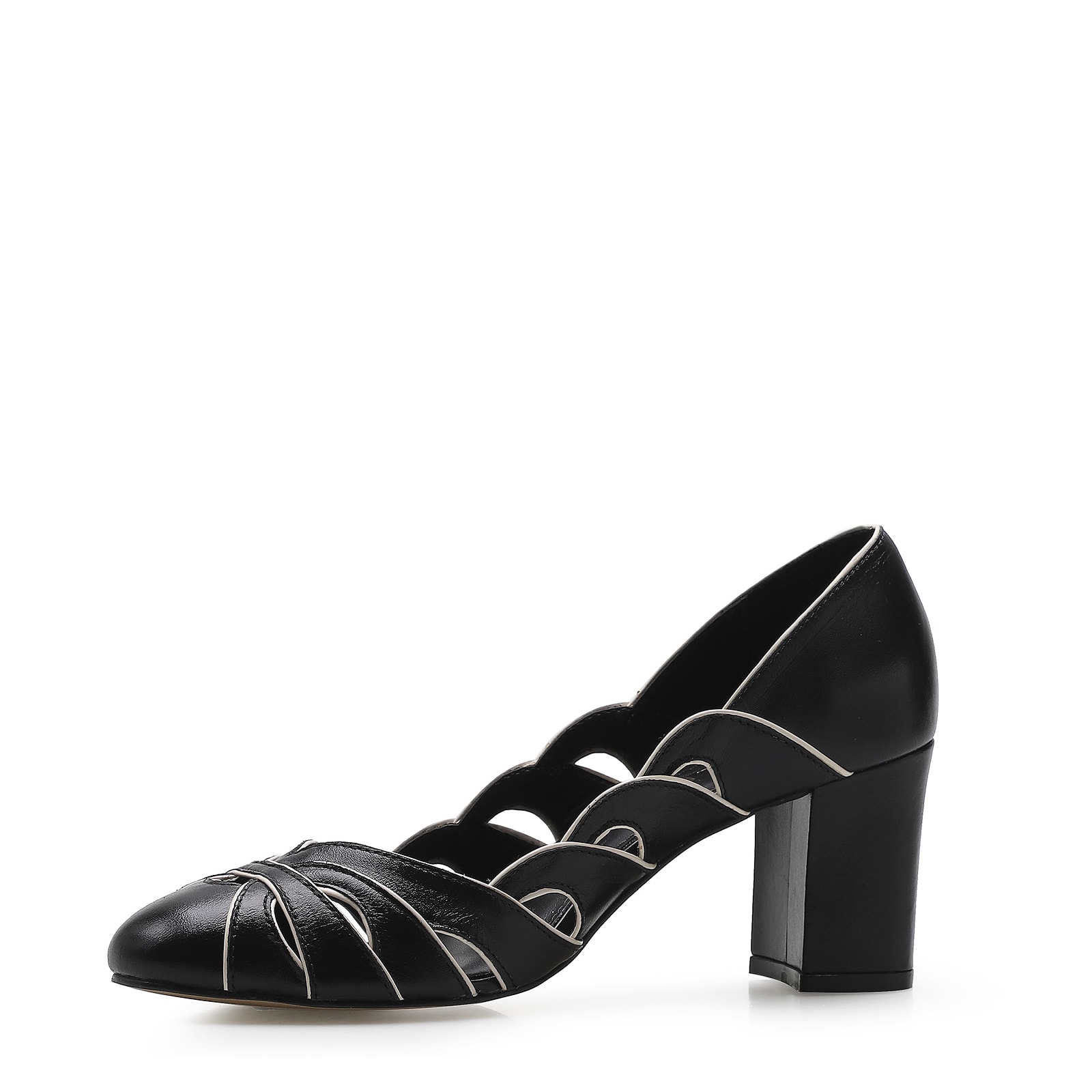 Scarpin Recortes Couro Preto/Off White