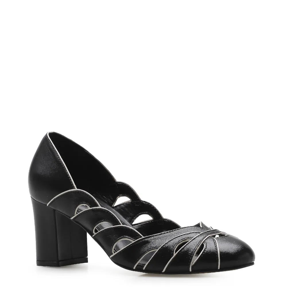 Scarpin Recortes Couro Preto/Off White