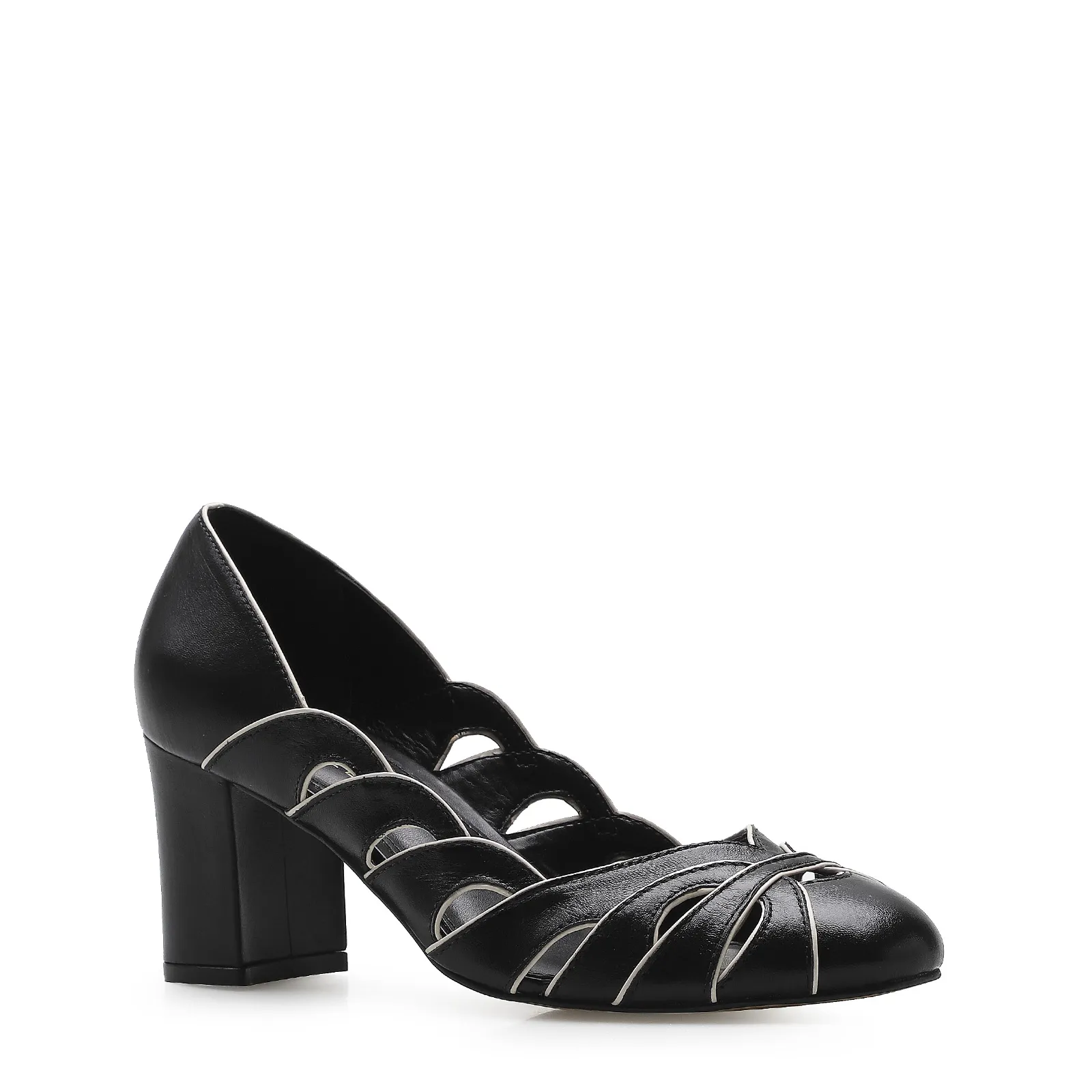 Scarpin Recortes Couro Preto/Off White