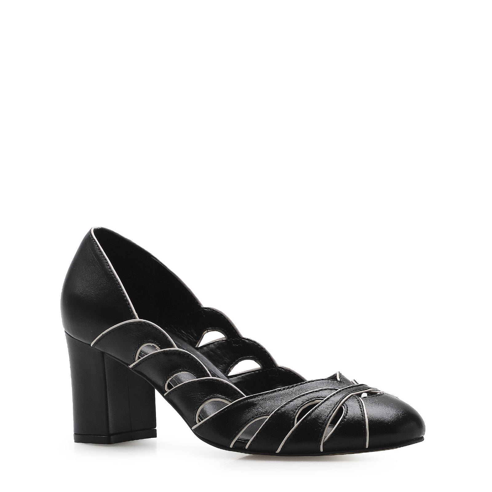Scarpin Recortes Couro Preto/Off White