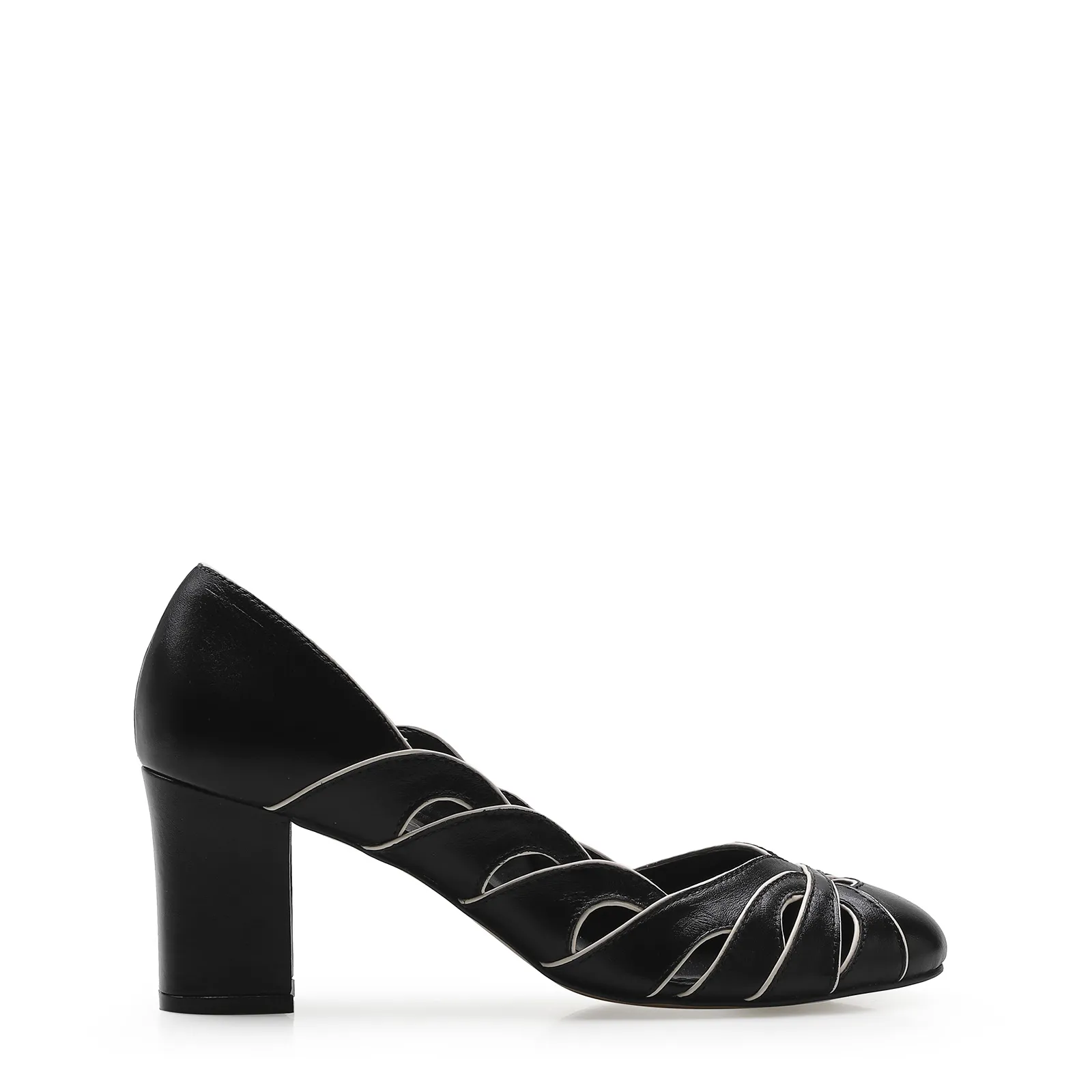 Scarpin Recortes Couro Preto/Off White