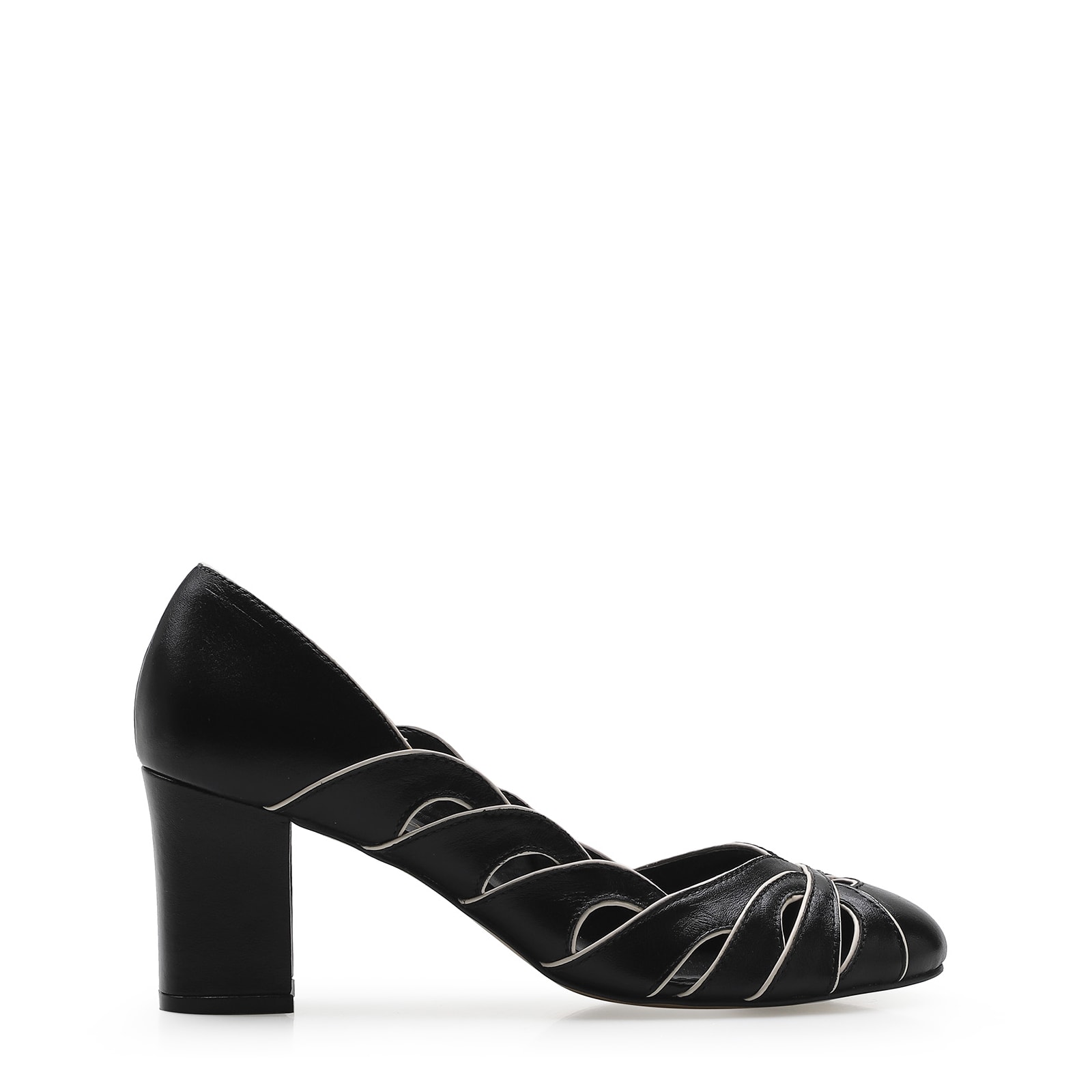 Scarpin Recortes Couro Preto/Off White