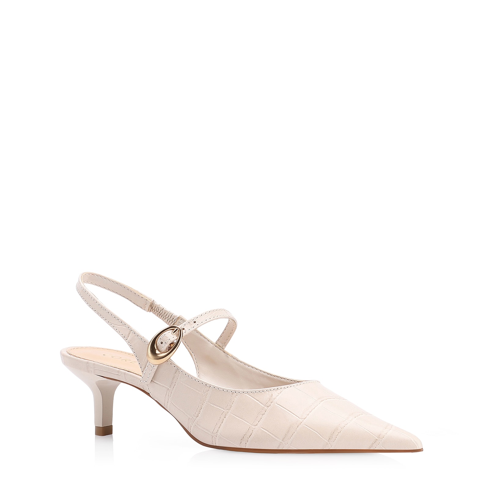 Scarpin Salto Kitten Couro Croco Off White