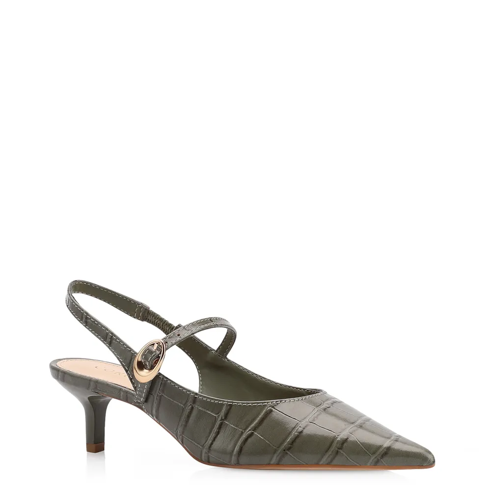 Scarpin Salto Kitten Couro Croco Verde