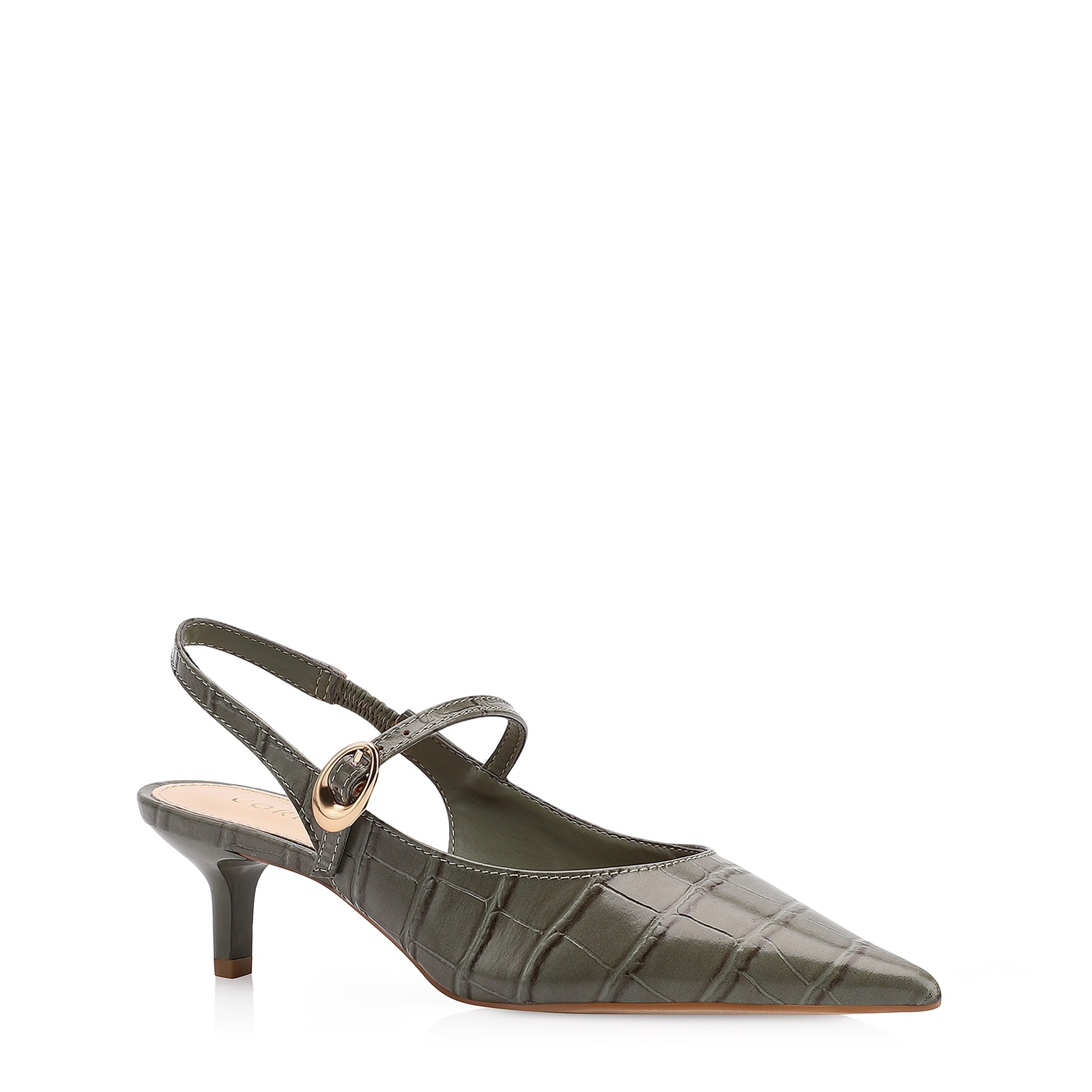 Scarpin Salto Kitten Couro Croco Verde