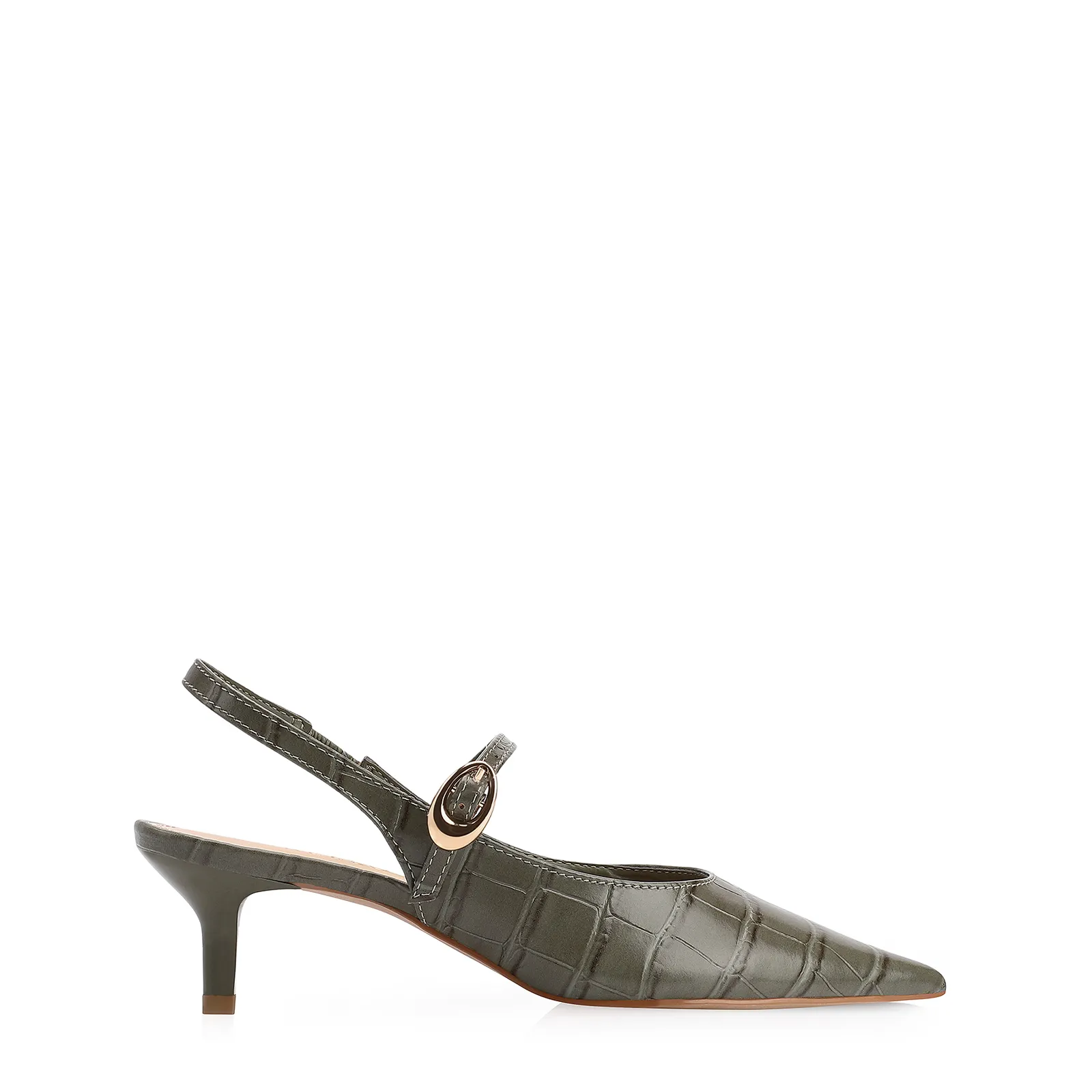 Scarpin Salto Kitten Couro Croco Verde
