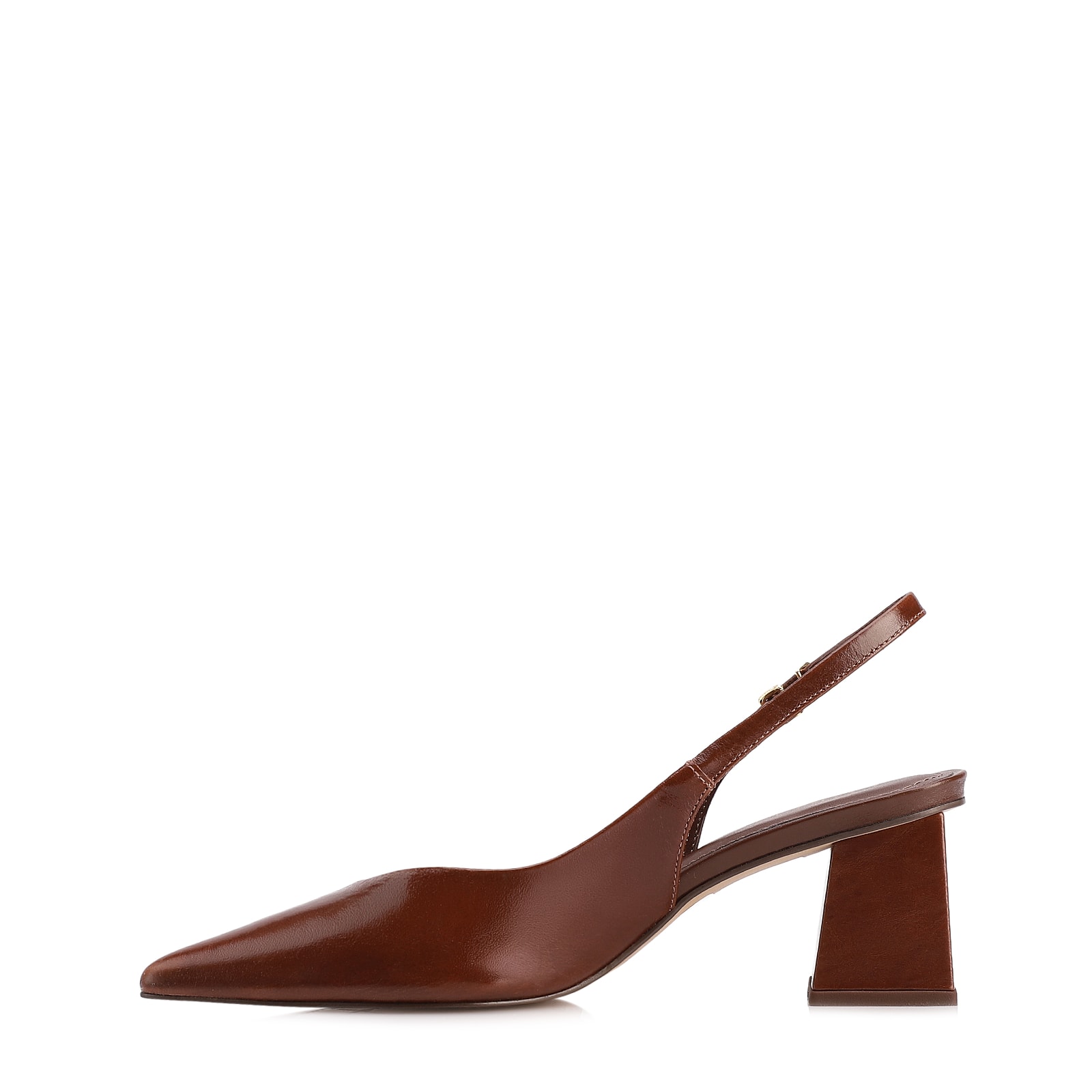 Scarpin Slingback Marrom Salto Bloco Médio Couro Bico Fino Slingback