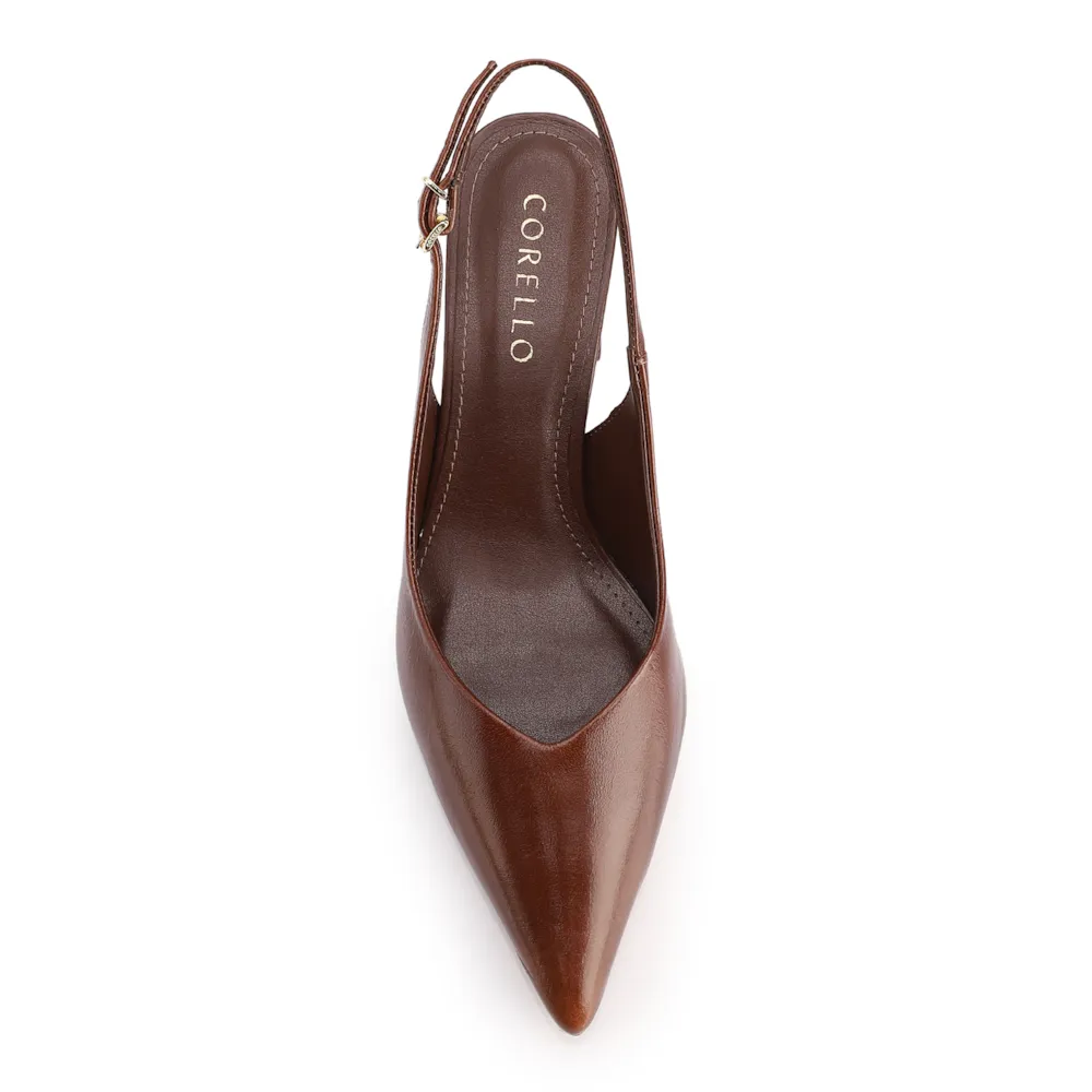 Scarpin Slingback Marrom Salto Bloco Médio Couro Bico Fino Slingback - imagem 5