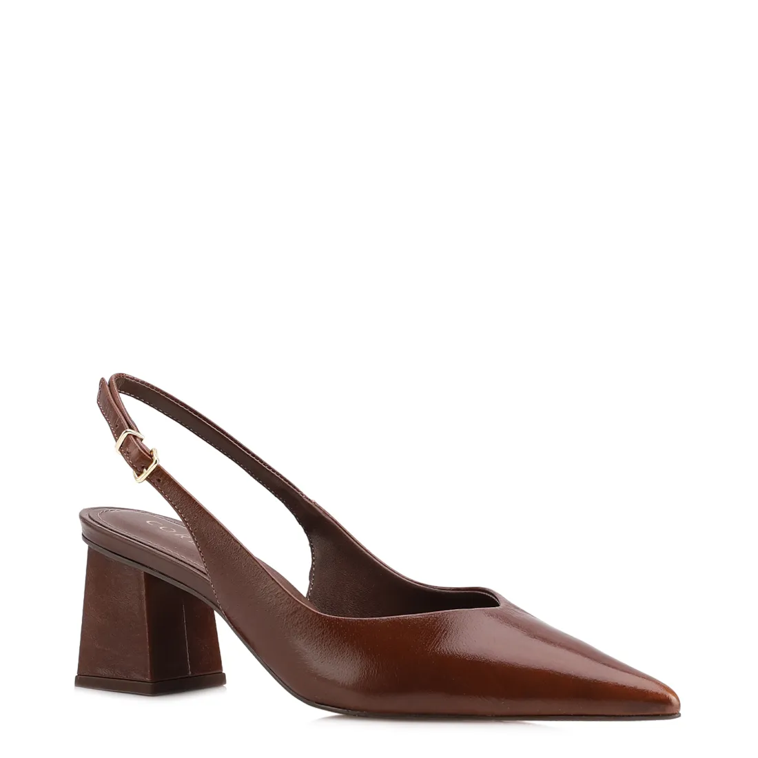 Scarpin Slingback Marrom Salto Bloco Médio Couro Bico Fino Slingback