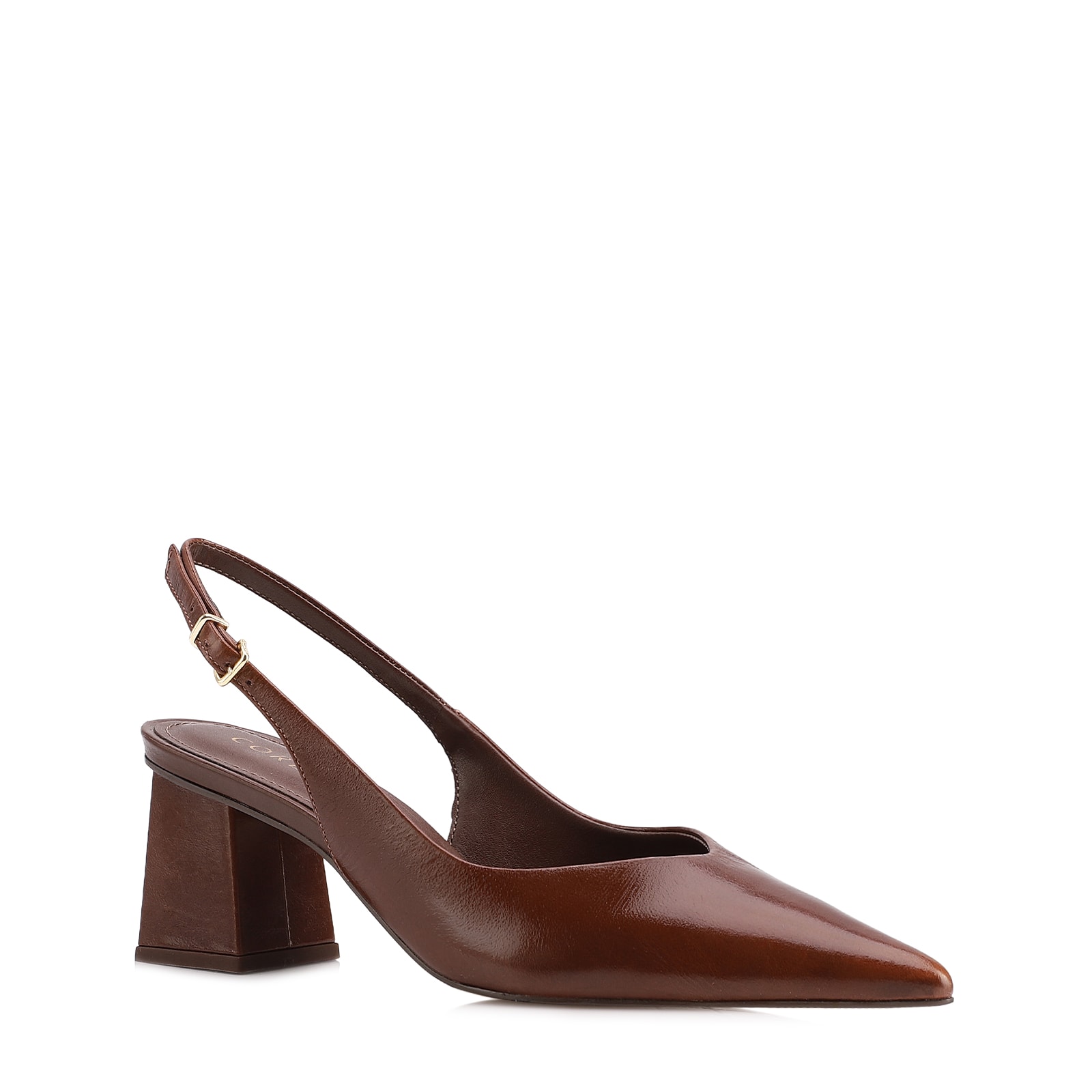 Scarpin Slingback Marrom Salto Bloco Médio Couro Bico Fino Slingback