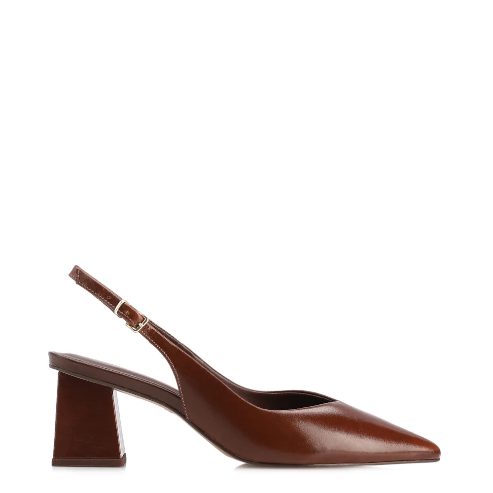 Scarpin Slingback Marrom Salto Bloco Médio Couro Bico Fino Slingback - imagem 2