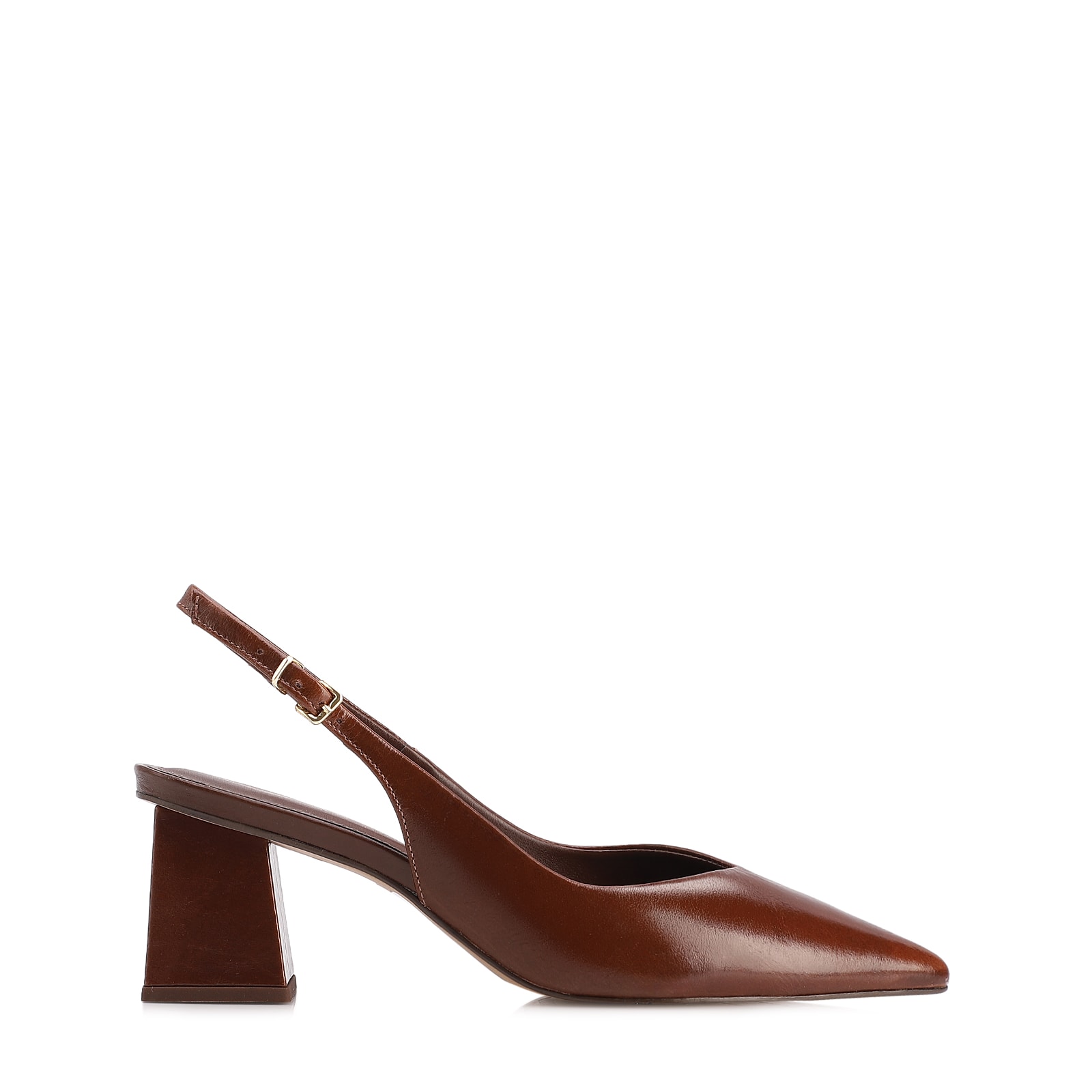 Scarpin Slingback Marrom Salto Bloco Médio Couro Bico Fino Slingback