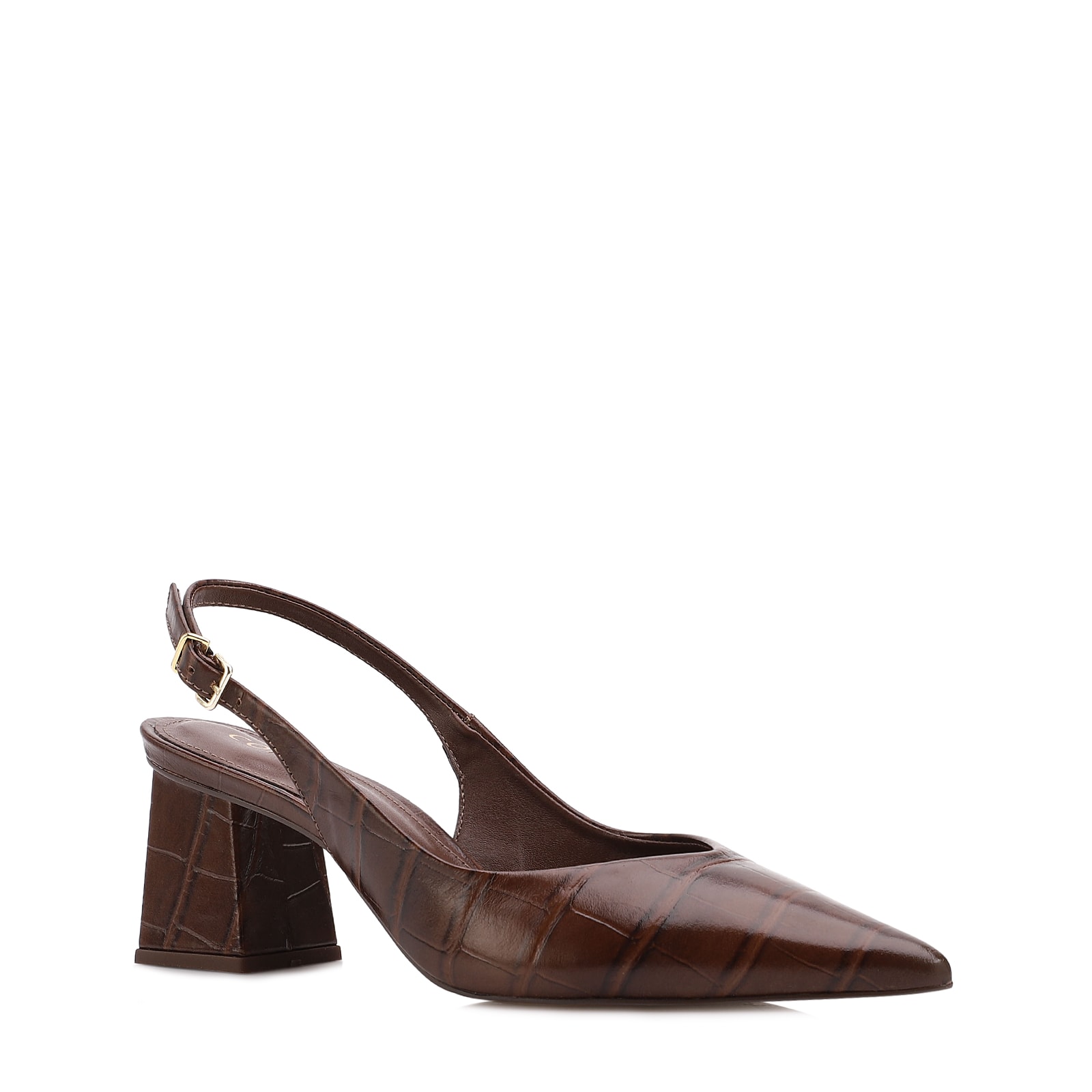 Scarpin Slingback Marrom Salto Bloco Médio Couro Croco Bico Fino Slingback