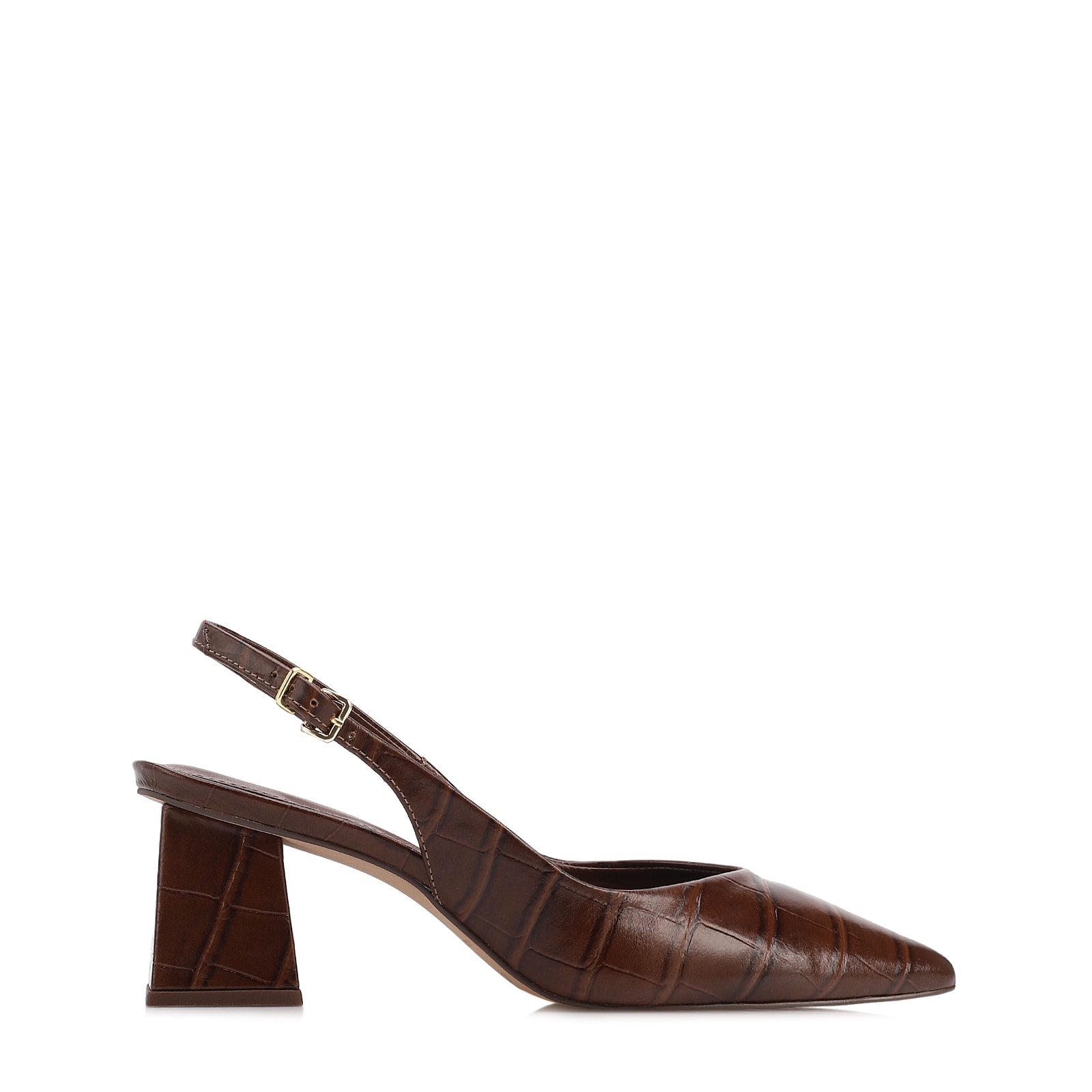 Scarpin Slingback Marrom Salto Bloco Médio Couro Croco Bico Fino Slingback