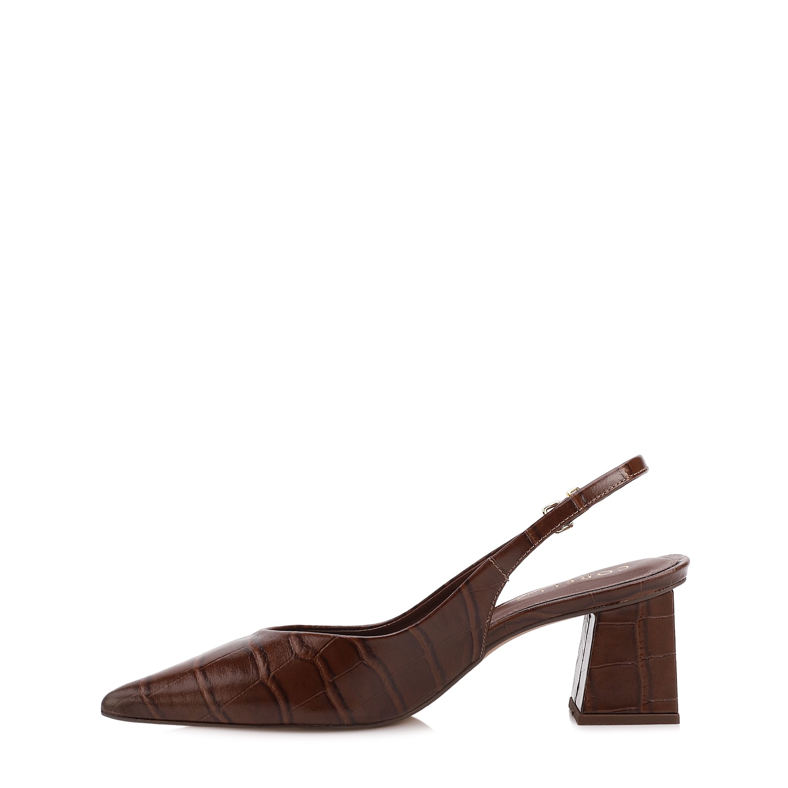 Scarpin Slingback Marrom Salto Bloco Médio Couro Croco Bico Fino Slingback