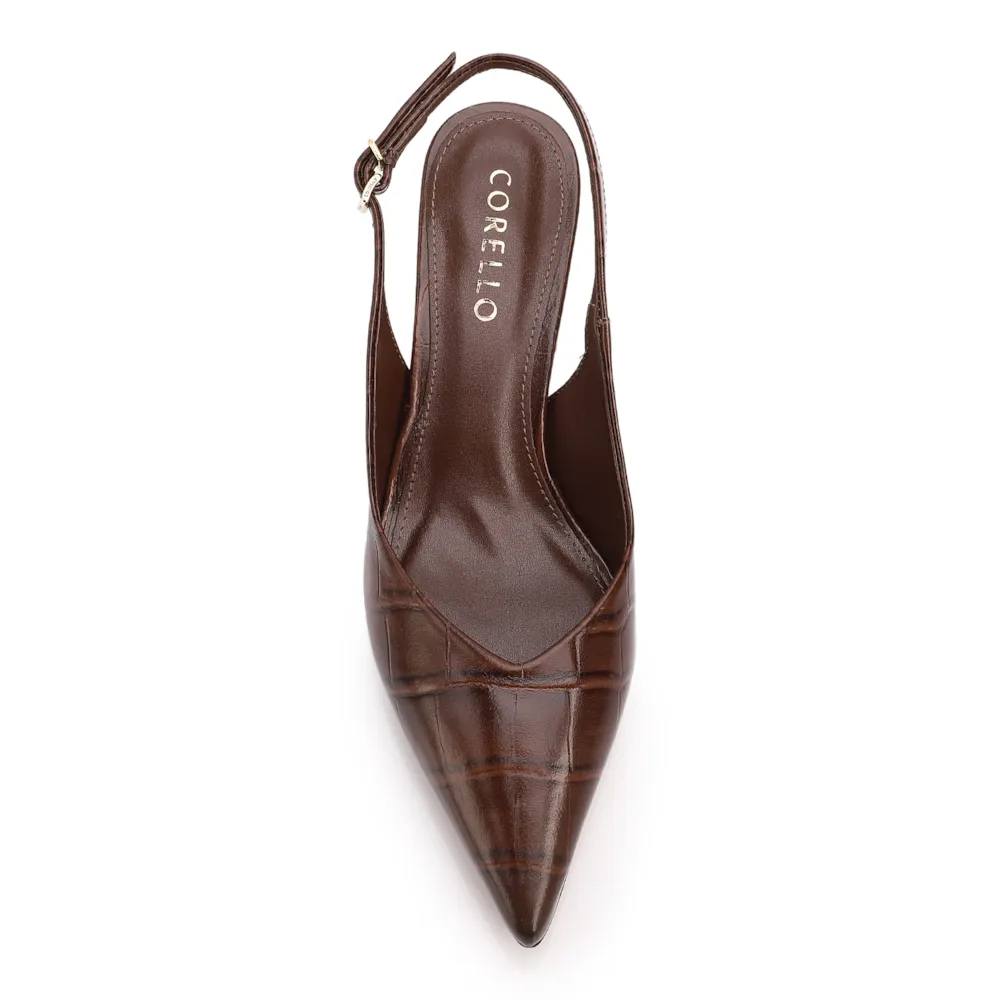 Scarpin Slingback Marrom Salto Bloco Médio Couro Croco Bico Fino Slingback - imagem 5
