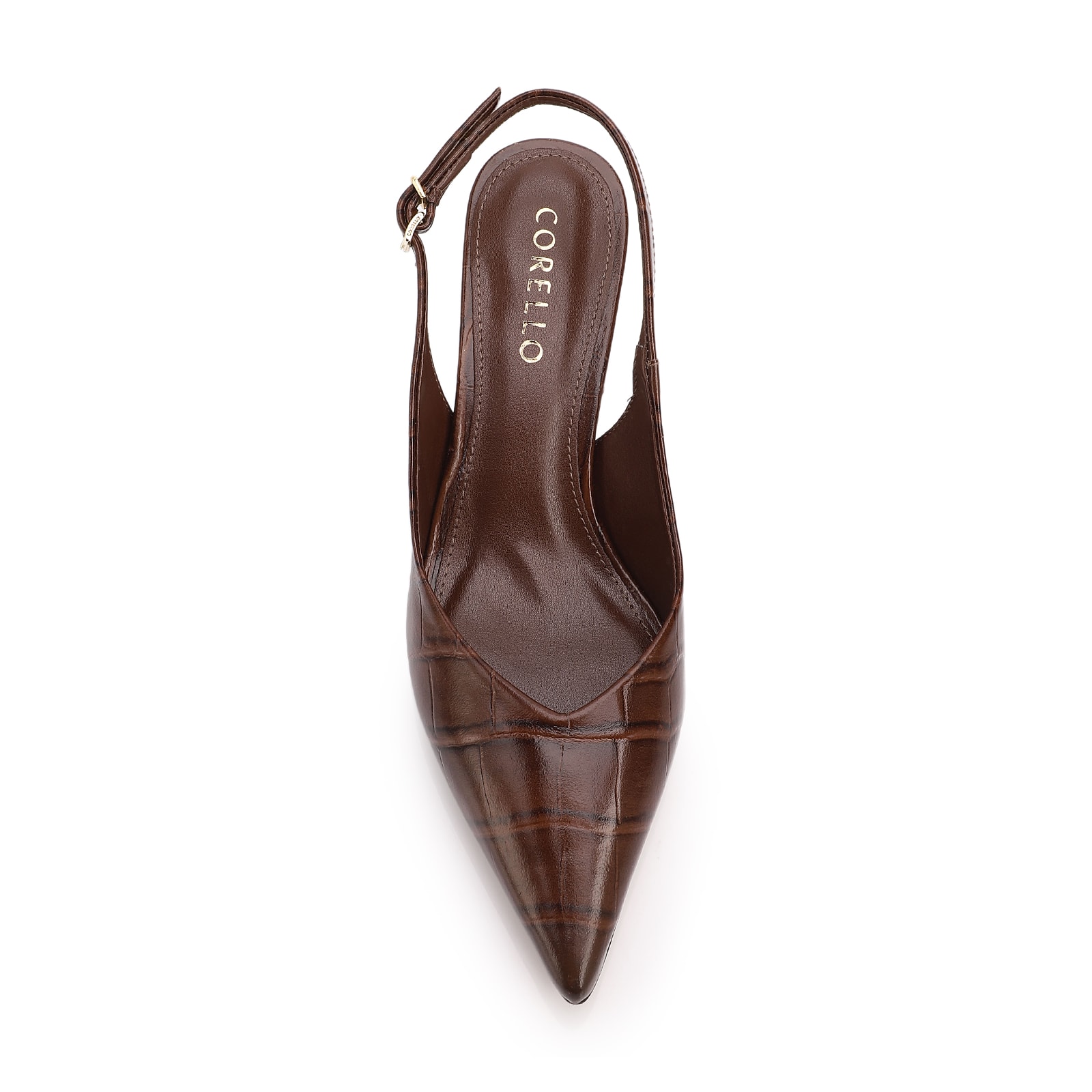 Scarpin Slingback Marrom Salto Bloco Médio Couro Croco Bico Fino Slingback