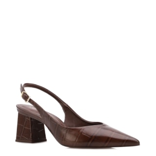 marrom Salto Bloco Médio Couro Croco Bico Fino Slingback