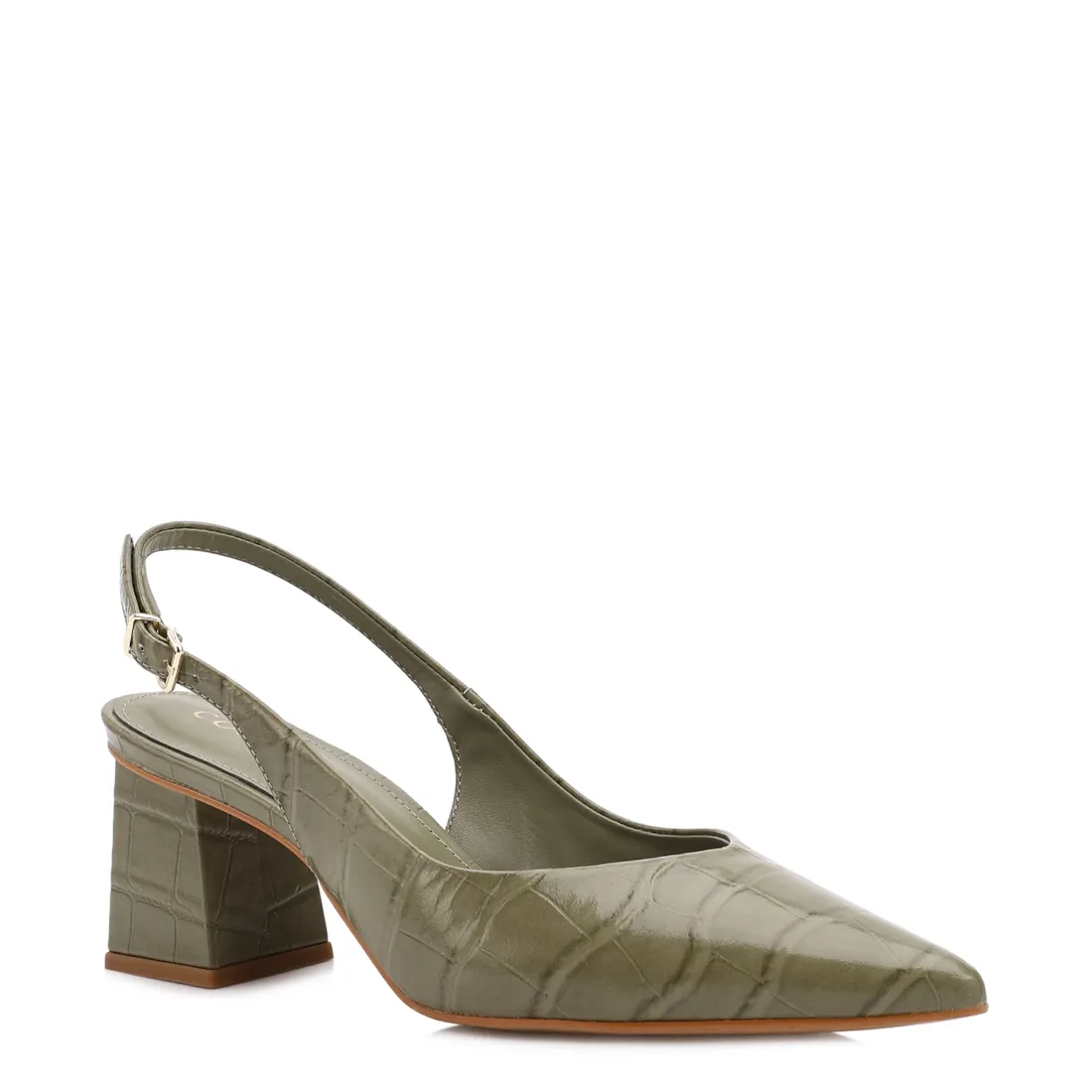 Scarpin Slingback Verde Salto Bloco Médio Couro Croco Bico Fino Slingback