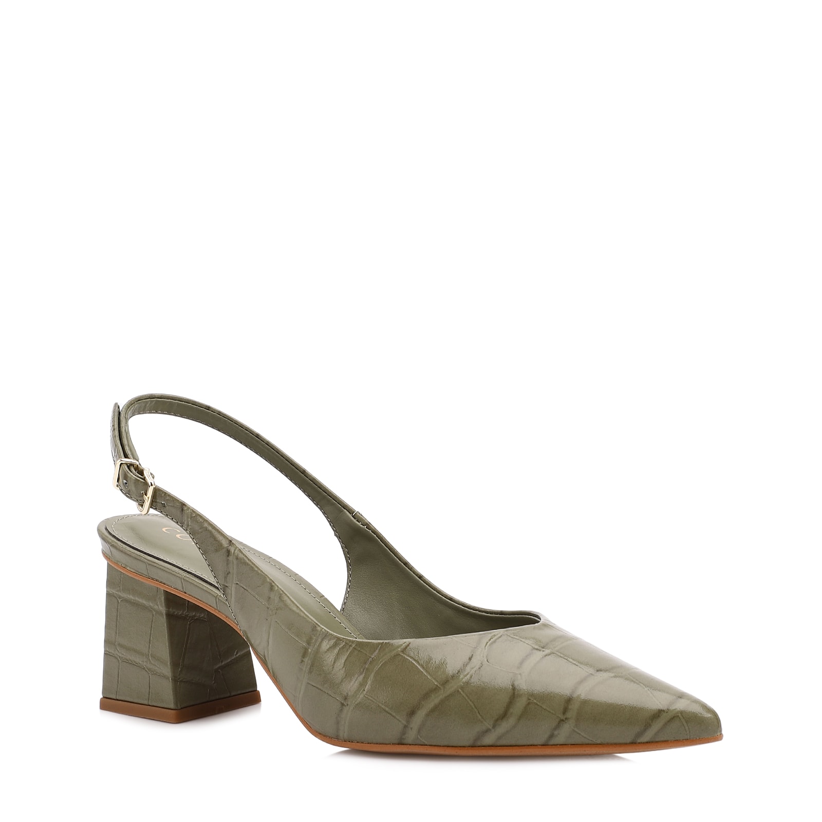 Scarpin Slingback Verde Salto Bloco Médio Couro Croco Bico Fino Slingback
