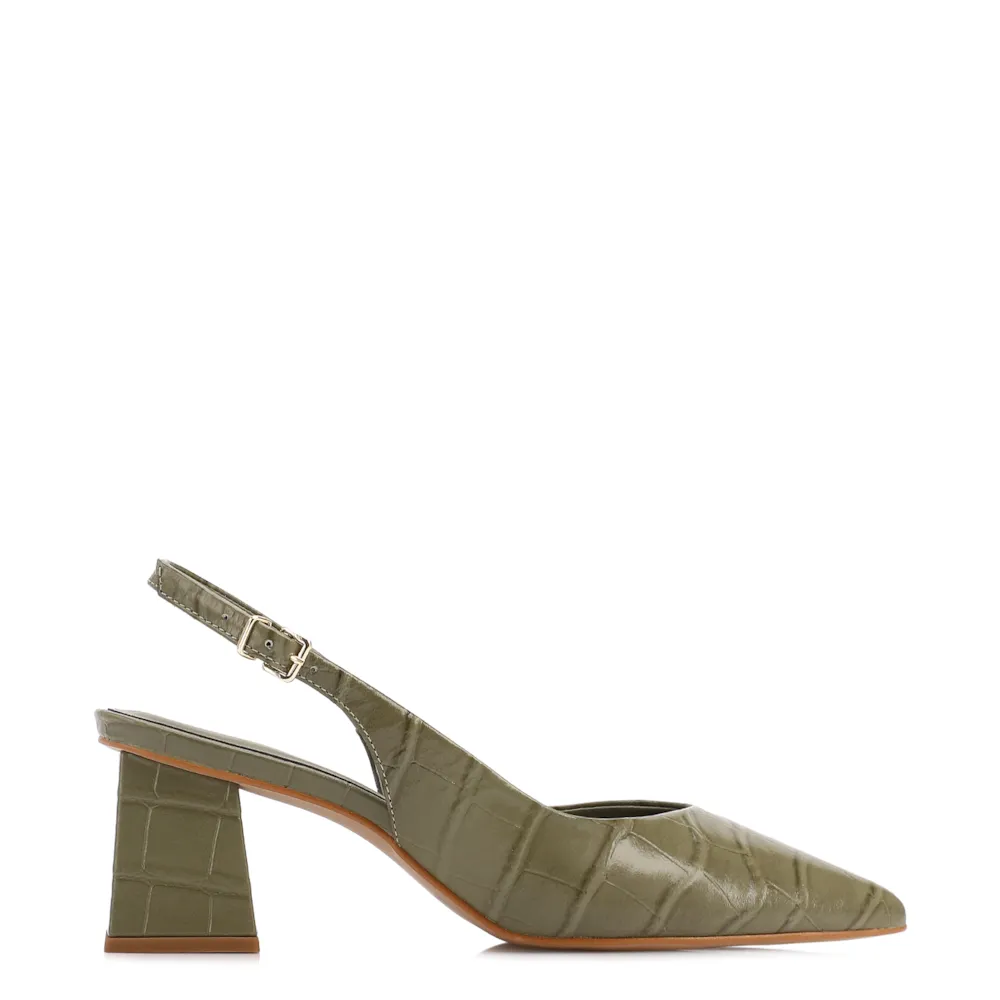 Scarpin Slingback Verde Salto Bloco Médio Couro Croco Bico Fino Slingback - imagem 2