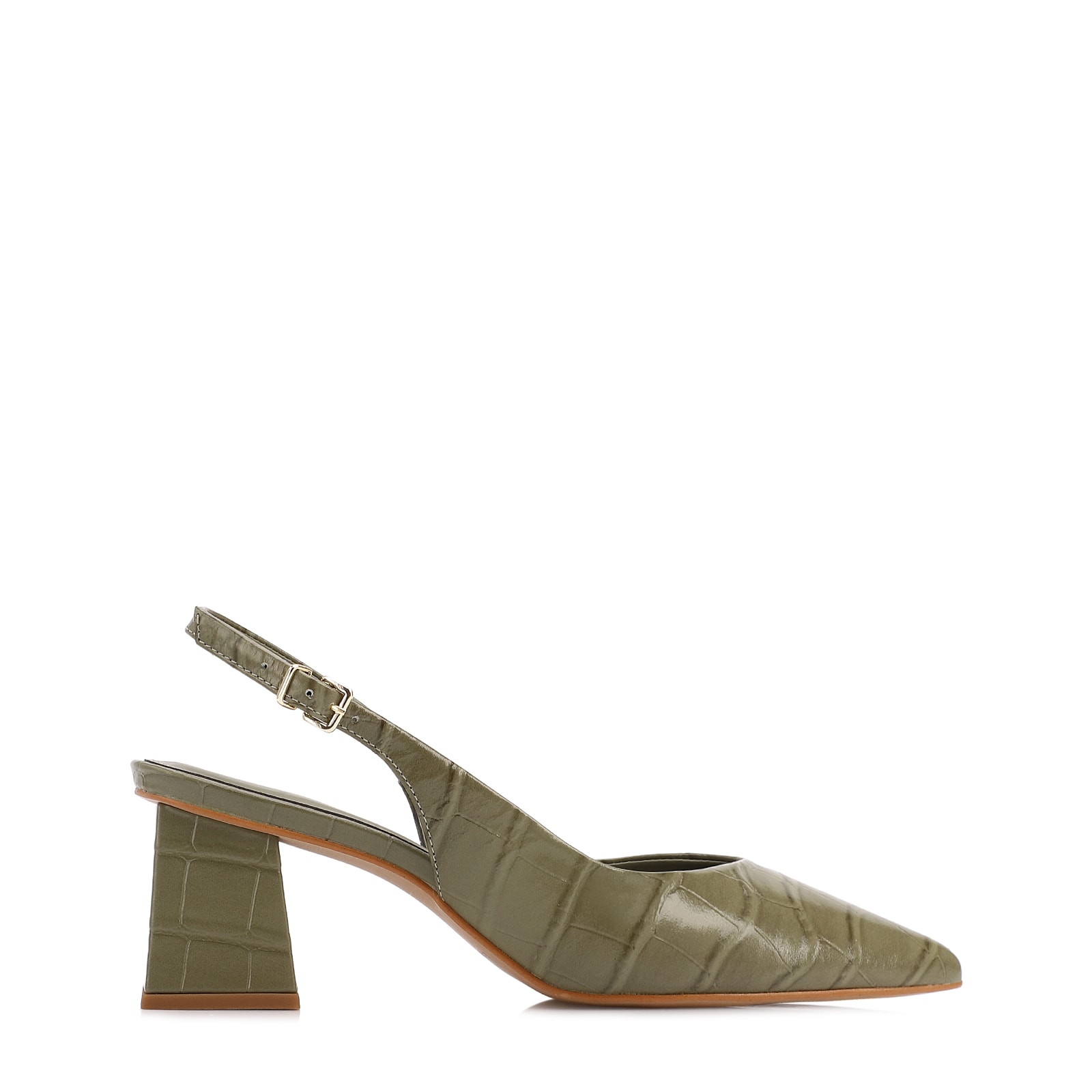 Scarpin Slingback Verde Salto Bloco Médio Couro Croco Bico Fino Slingback