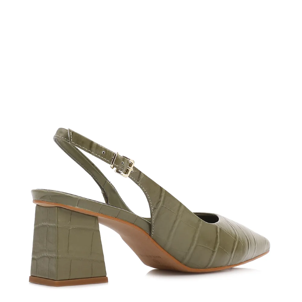 Scarpin Slingback Verde Salto Bloco Médio Couro Croco Bico Fino Slingback - imagem 3