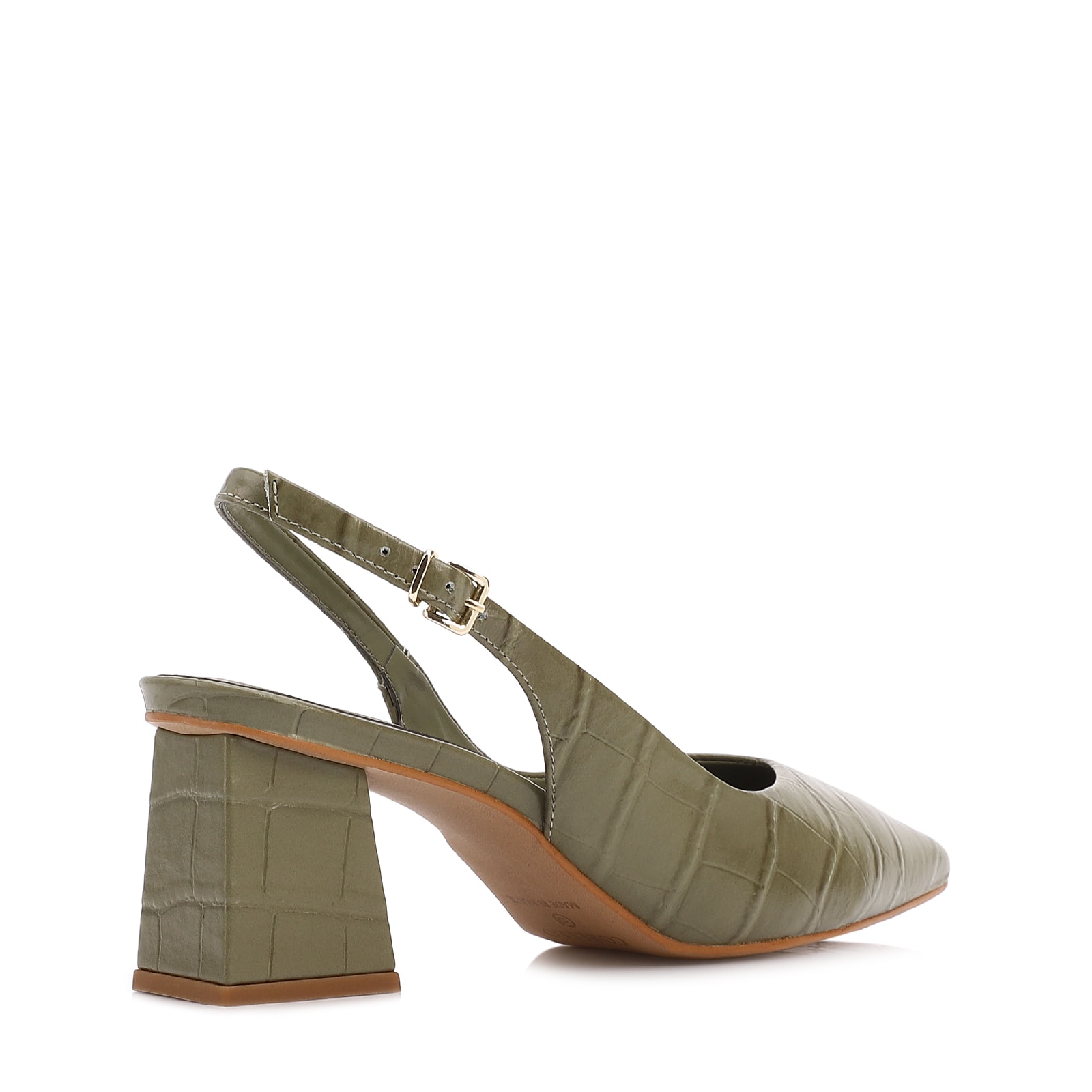 Scarpin Slingback Verde Salto Bloco Médio Couro Croco Bico Fino Slingback