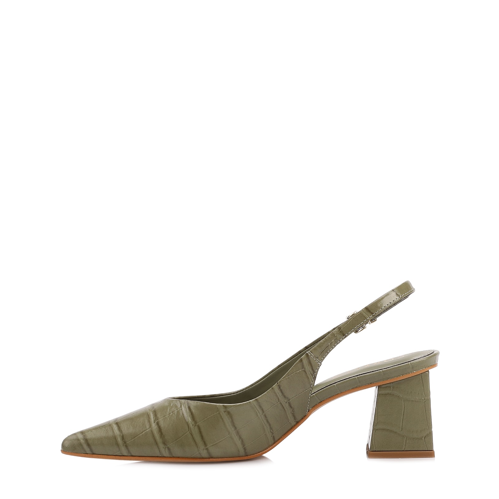 Scarpin Slingback Verde Salto Bloco Médio Couro Croco Bico Fino Slingback