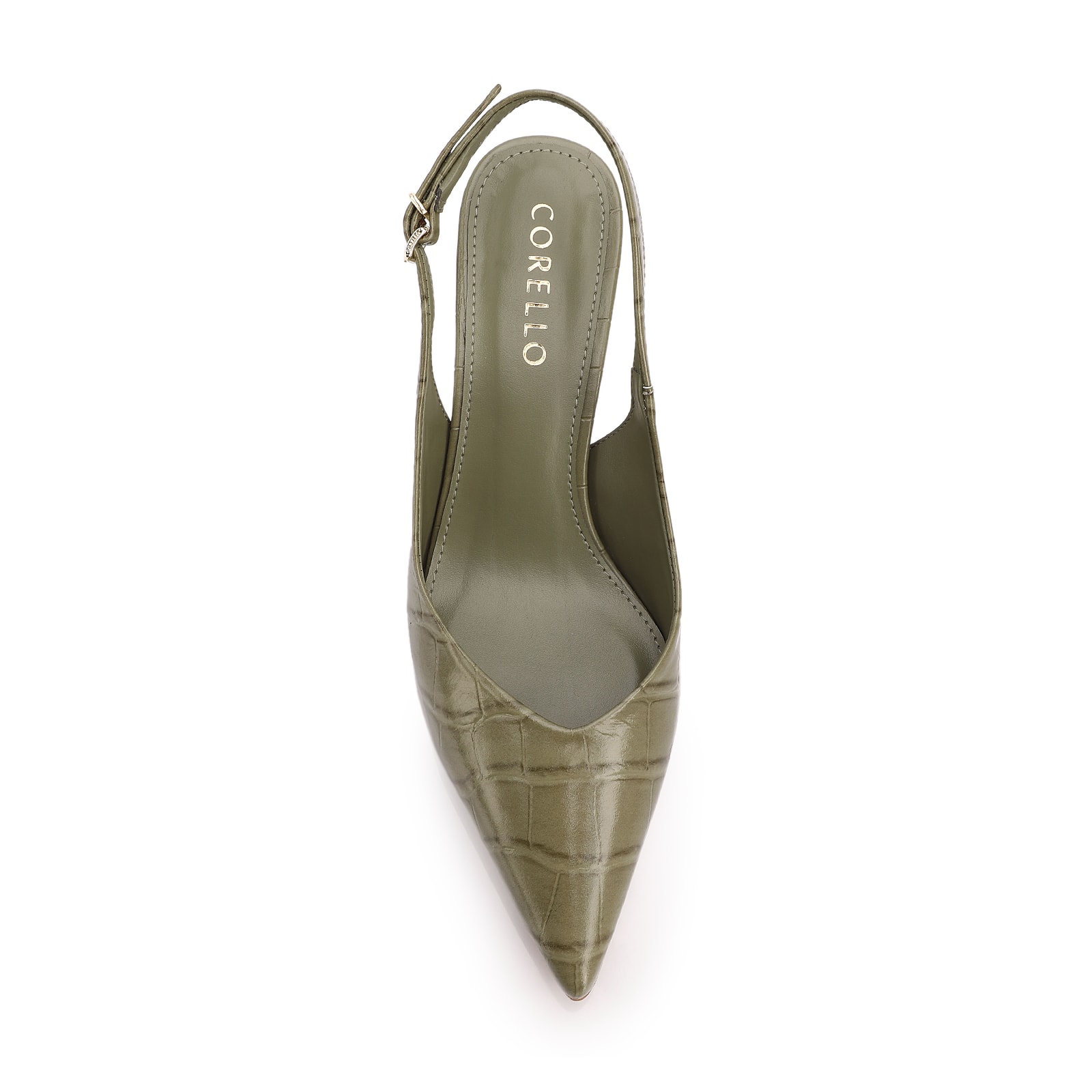 Scarpin Slingback Verde Salto Bloco Médio Couro Croco Bico Fino Slingback