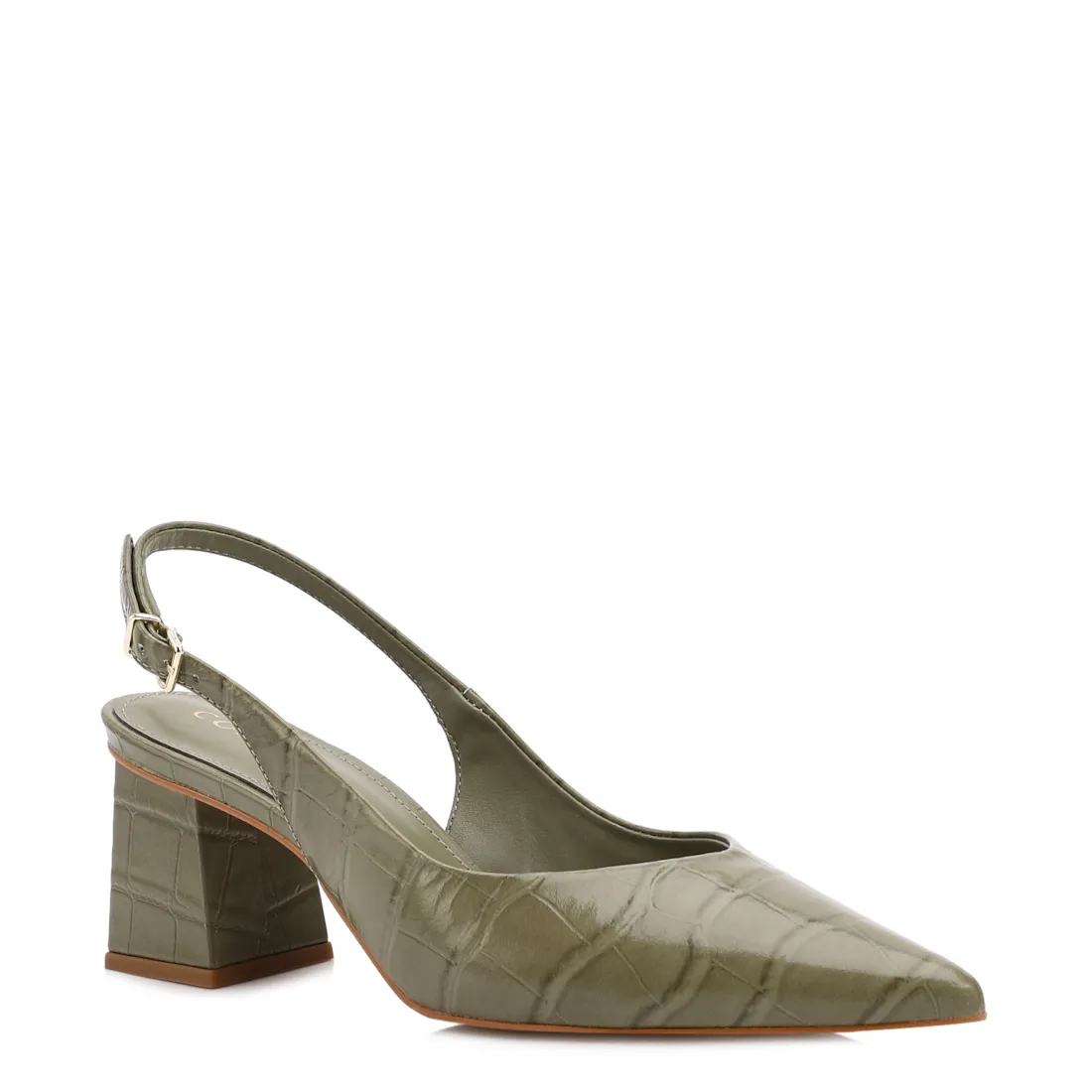 Scarpin Slingback Verde Salto Bloco Médio Couro Croco Bico Fino Slingback