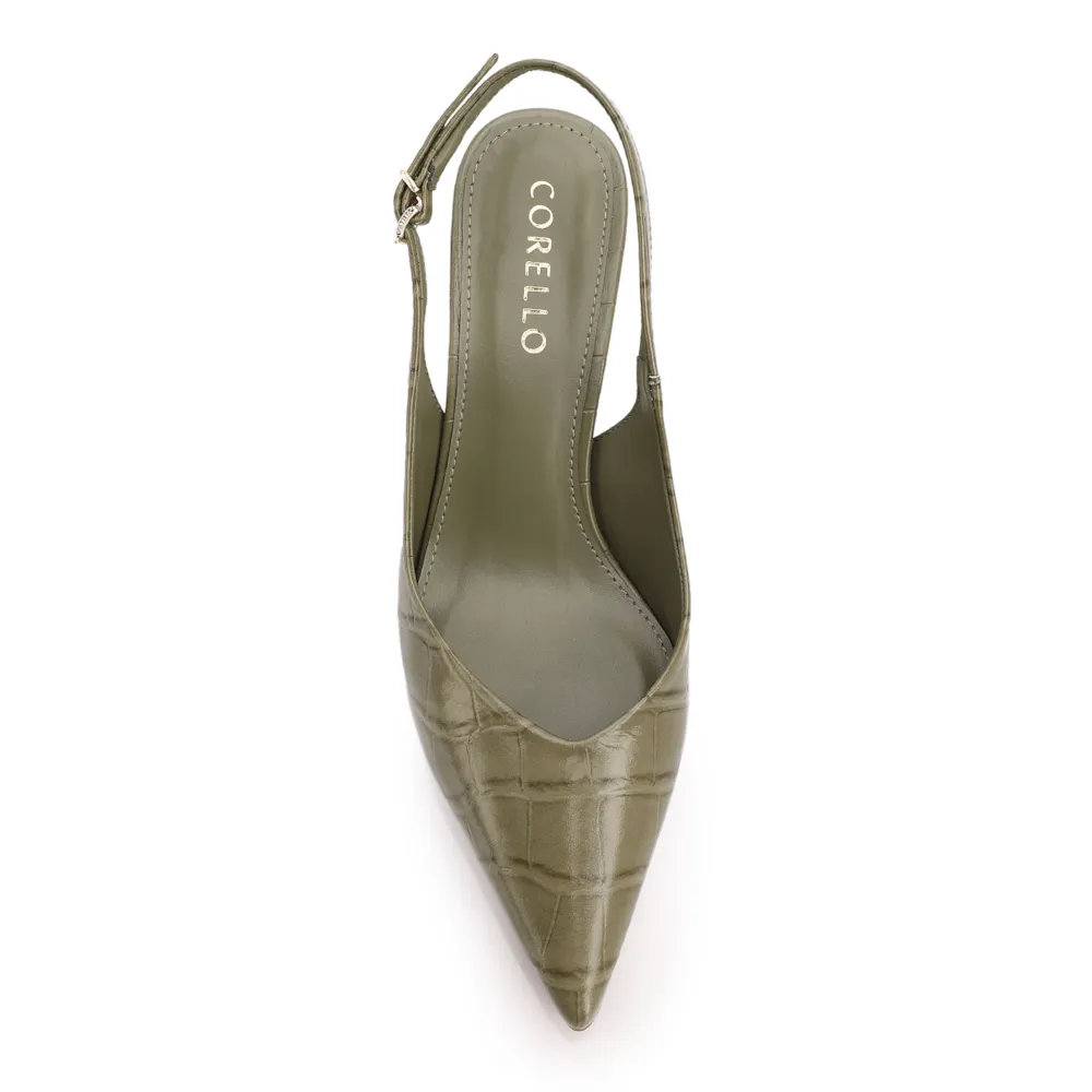 Scarpin Slingback Verde Salto Bloco Médio Couro Crocobico Fino Slingback - imagem 5