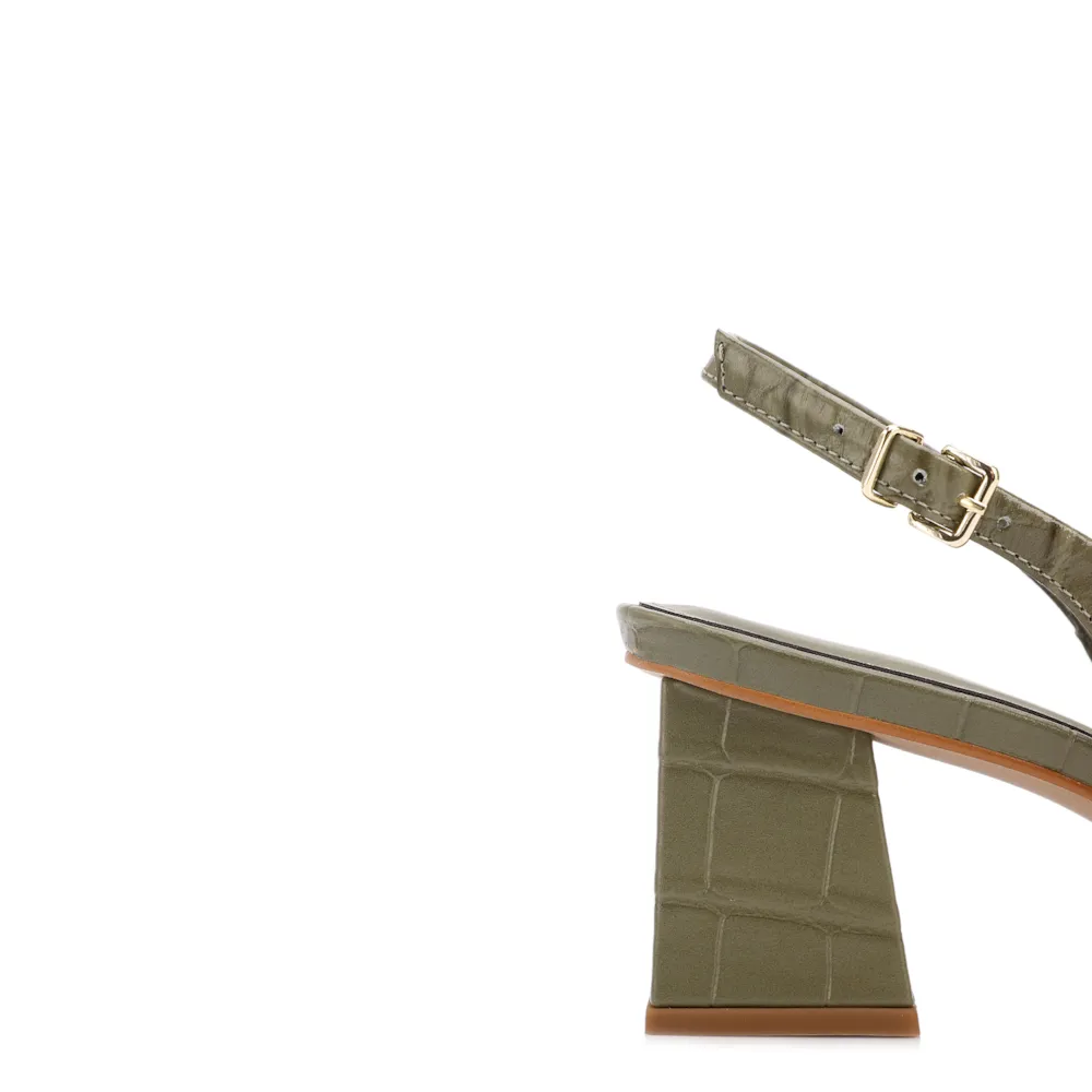Scarpin Slingback Verde Salto Bloco Médio Couro Crocobico Fino Slingback - imagem 7