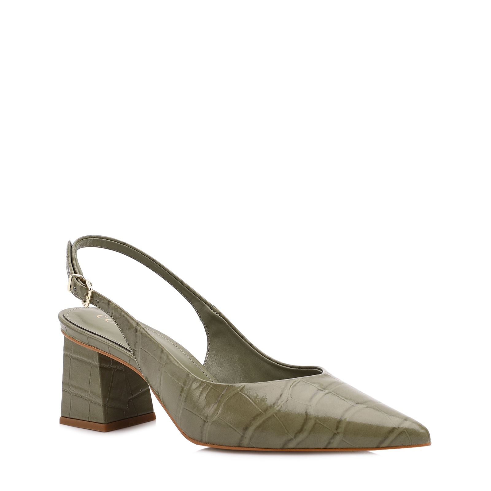 Scarpin Slingback Verde Salto Bloco Médio Couro Crocobico Fino Slingback