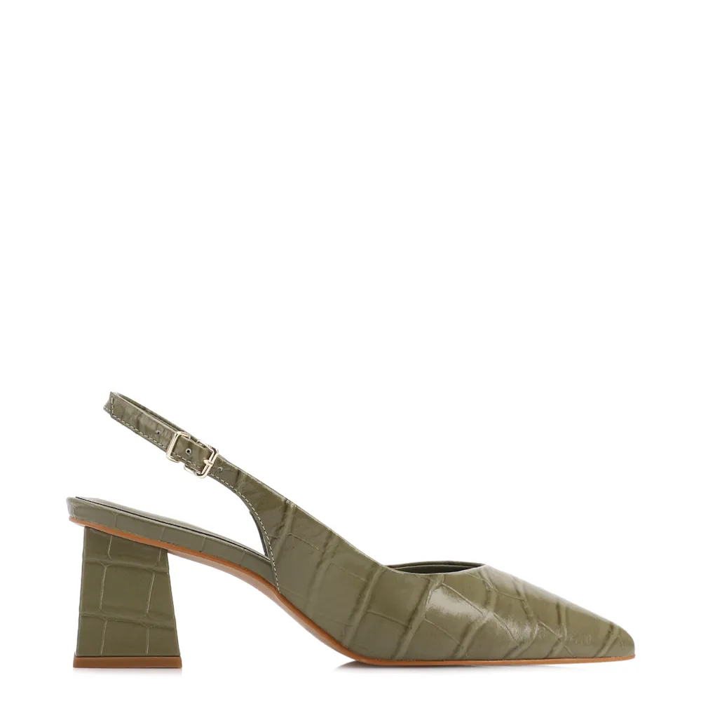 Scarpin Slingback Verde Salto Bloco Médio Couro Crocobico Fino Slingback - imagem 2