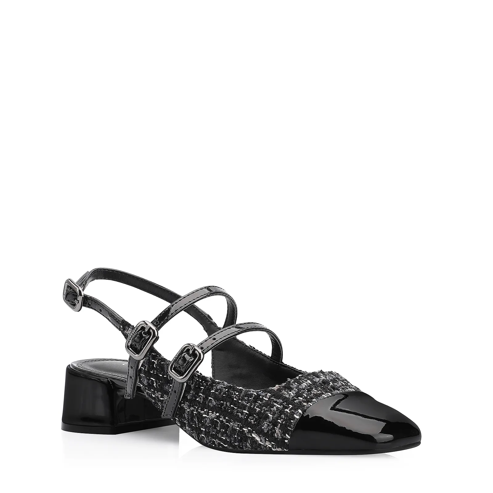 Scarpin Tweed Preto/Verniz Preto