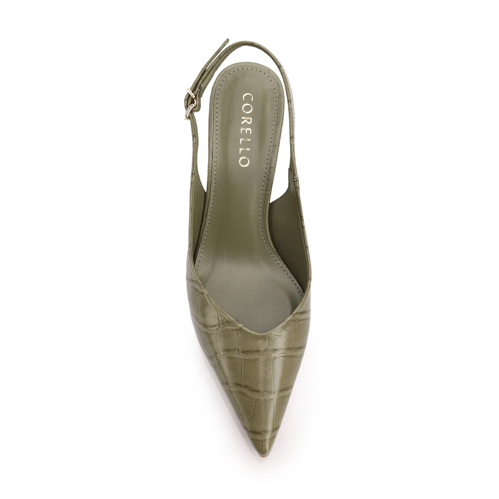Scarpin Verde Salto Bloco Médio Couro Croco Bico Fino Slingback