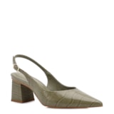 Scarpin Verde Salto Bloco Médio Couro Croco Bico Fino Slingback