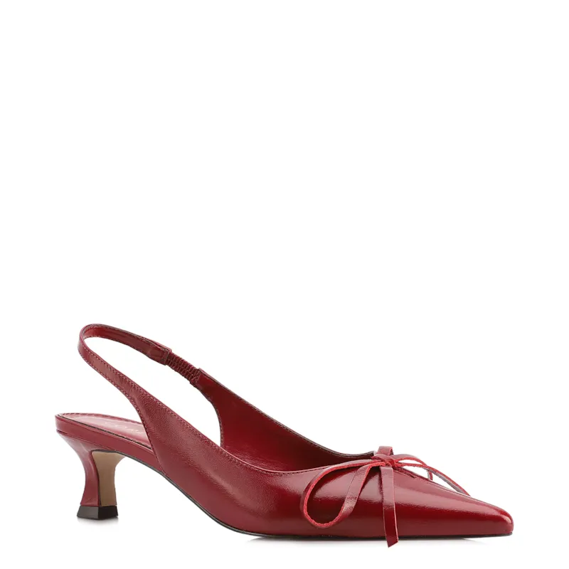 Scarpin Vermelho Salto Baixo Couro Slingback Maxi Laço