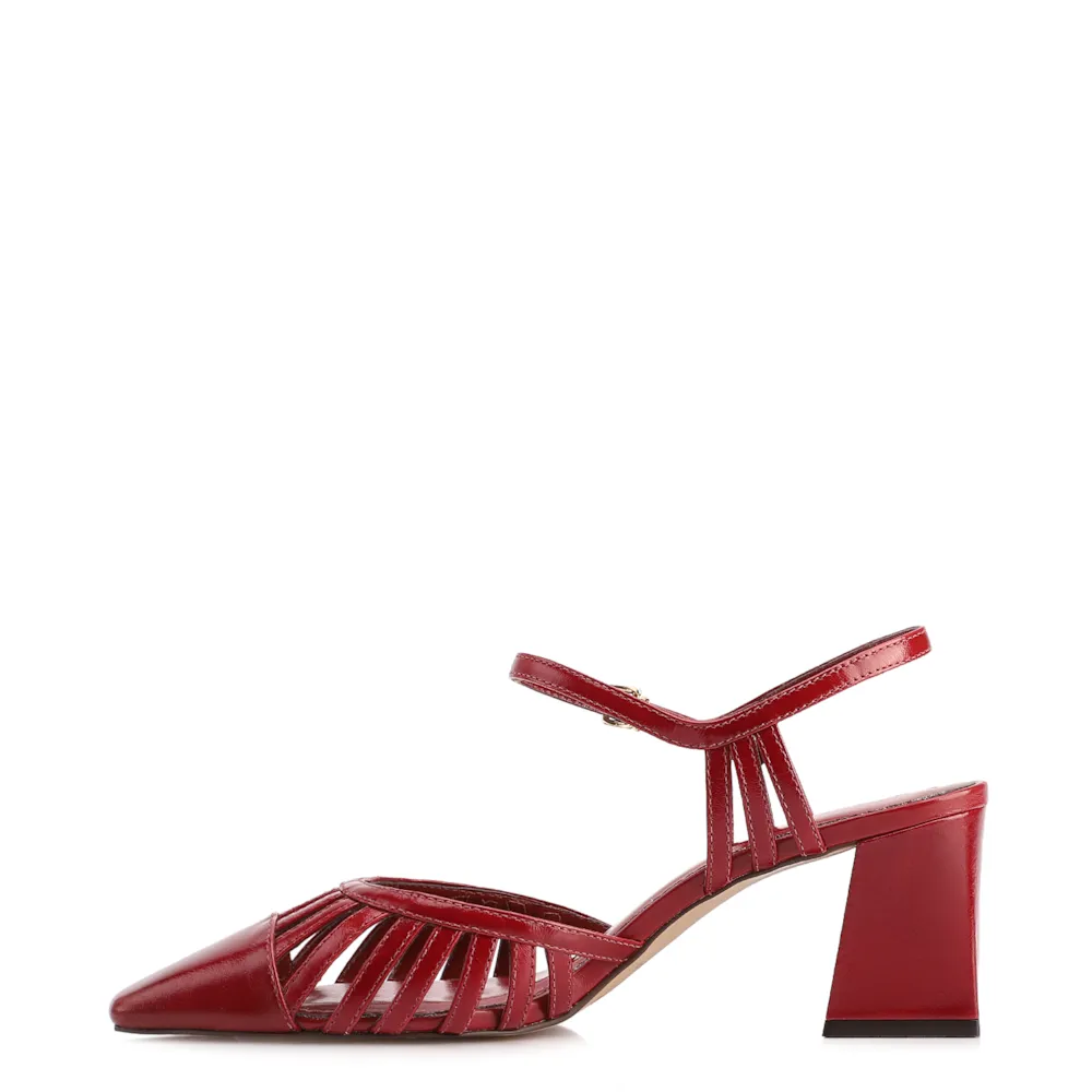 Scarpin Vermelho Salto Bloco Médio Couro Recortes - imagem 4