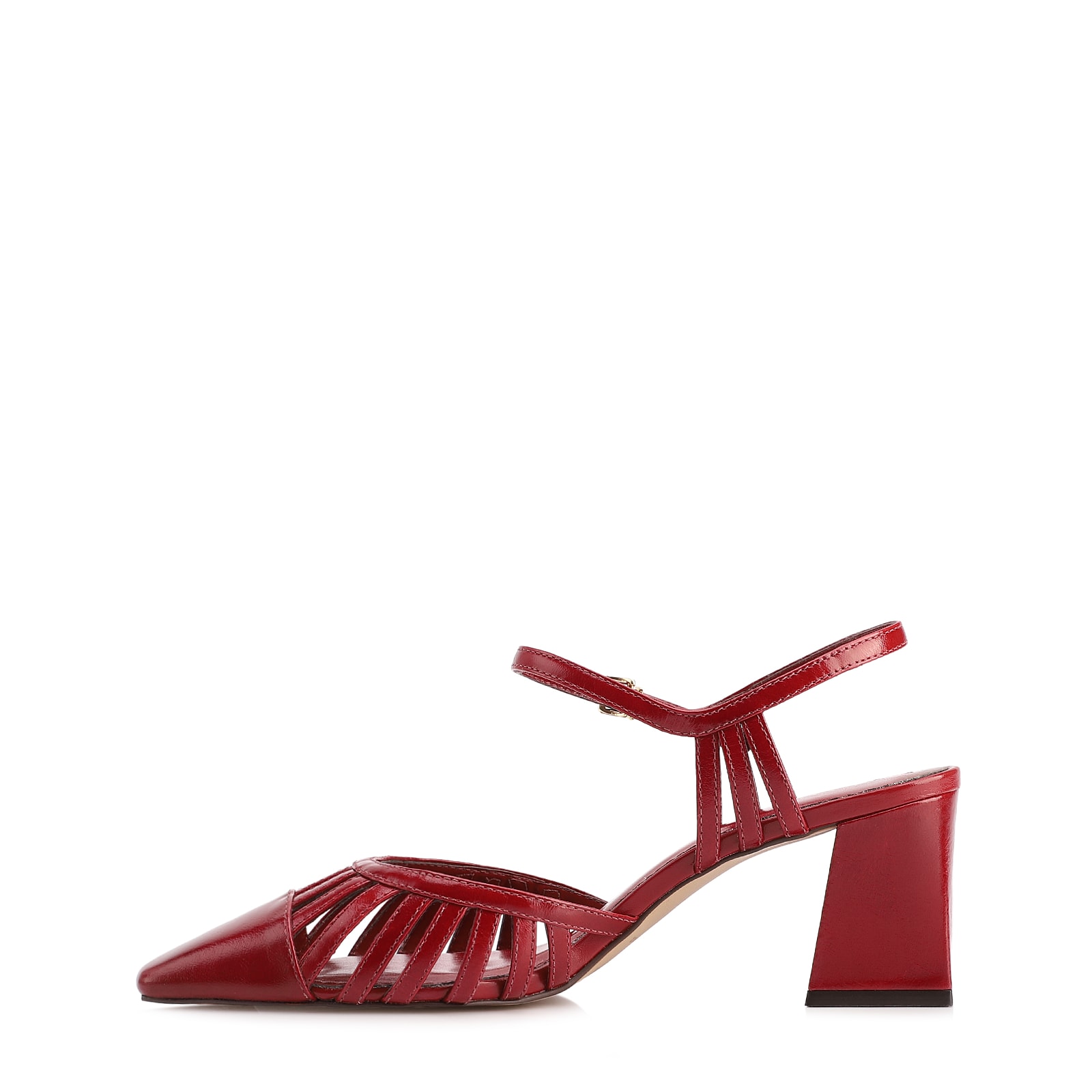 Scarpin Vermelho Salto Bloco Médio Couro Recortes