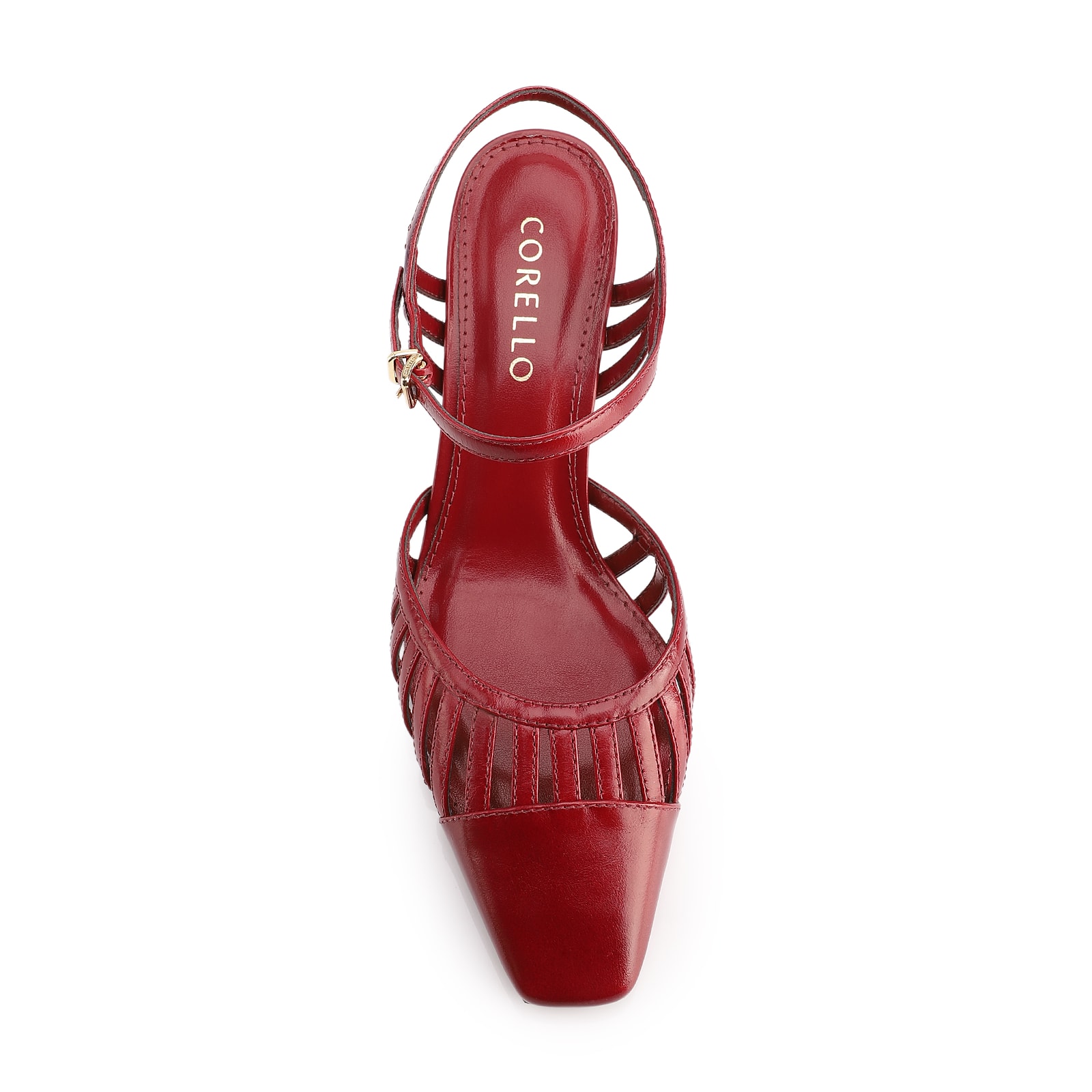 Scarpin Vermelho Salto Bloco Médio Couro Recortes