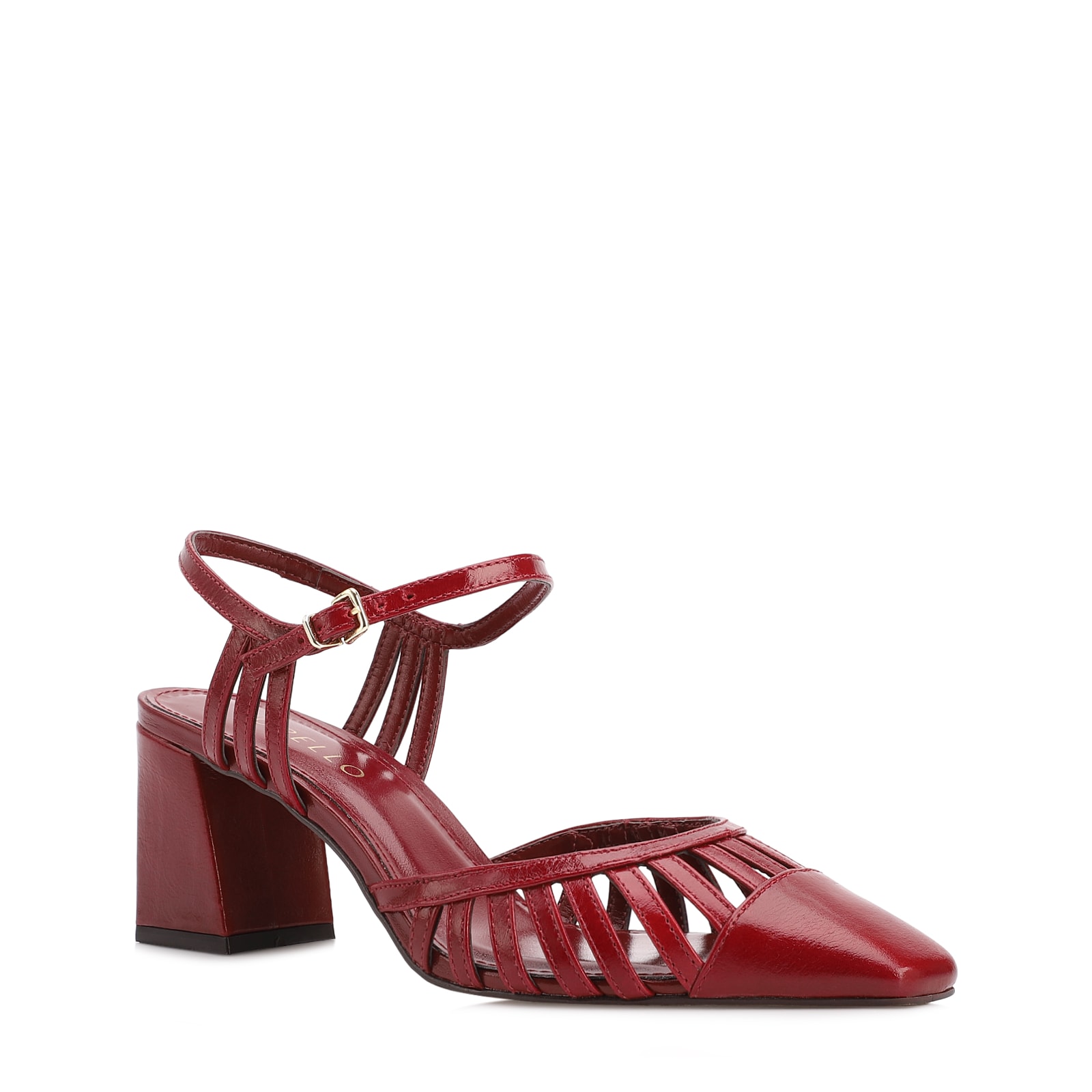 Scarpin Vermelho Salto Bloco Médio Couro Recortes