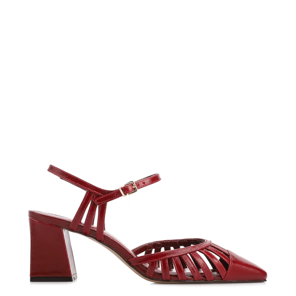 Scarpin Vermelho Salto Bloco Médio Couro Recortes - imagem 2