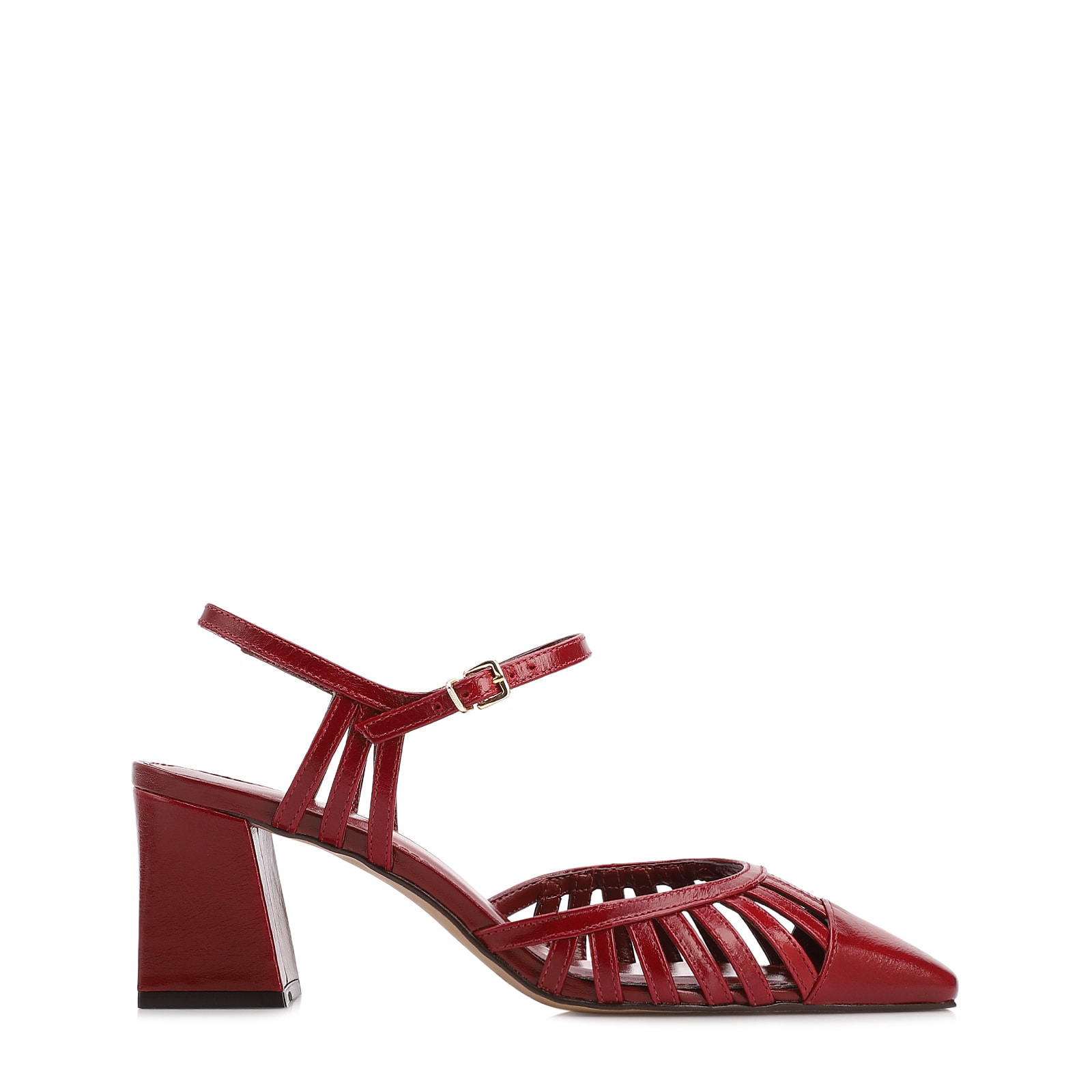 Scarpin Vermelho Salto Bloco Médio Couro Recortes