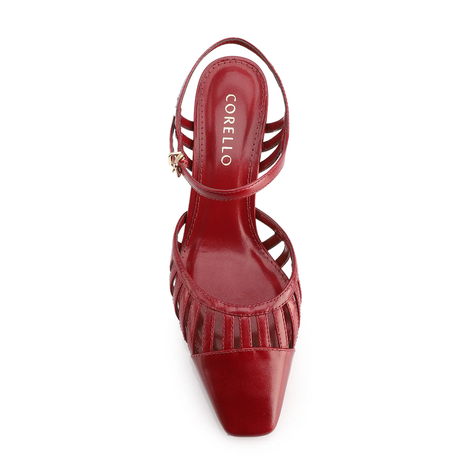 Scarpin Vermelho Salto Bloco Médio Couro Recortes