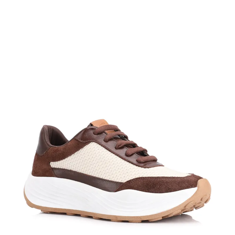 Tênis Plataforma Couro Camurça Marrom/Tela Off White