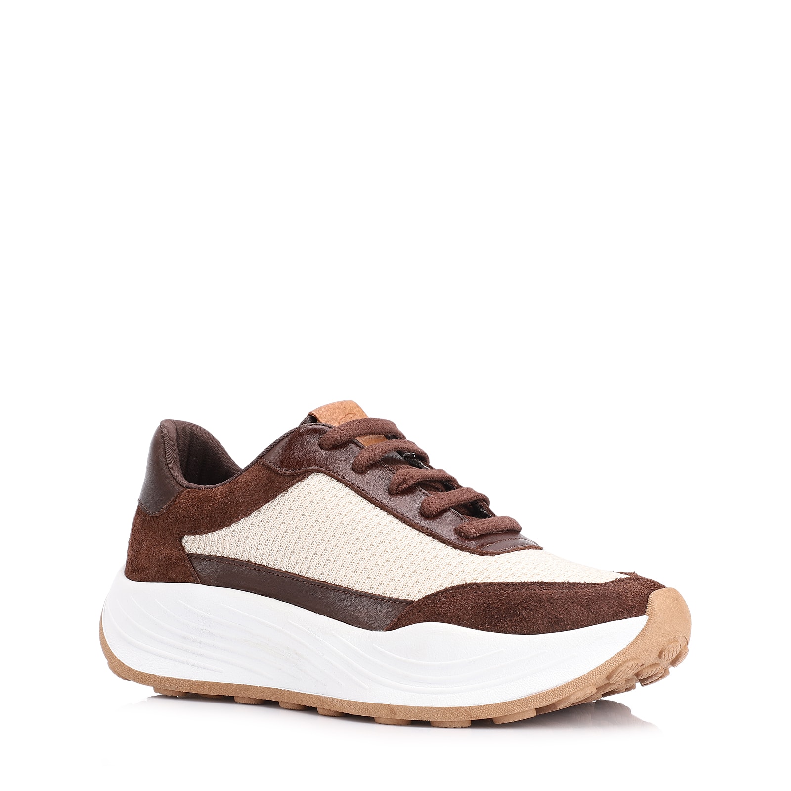 Tênis Plataforma Couro Camurça Marrom/Tela Off White