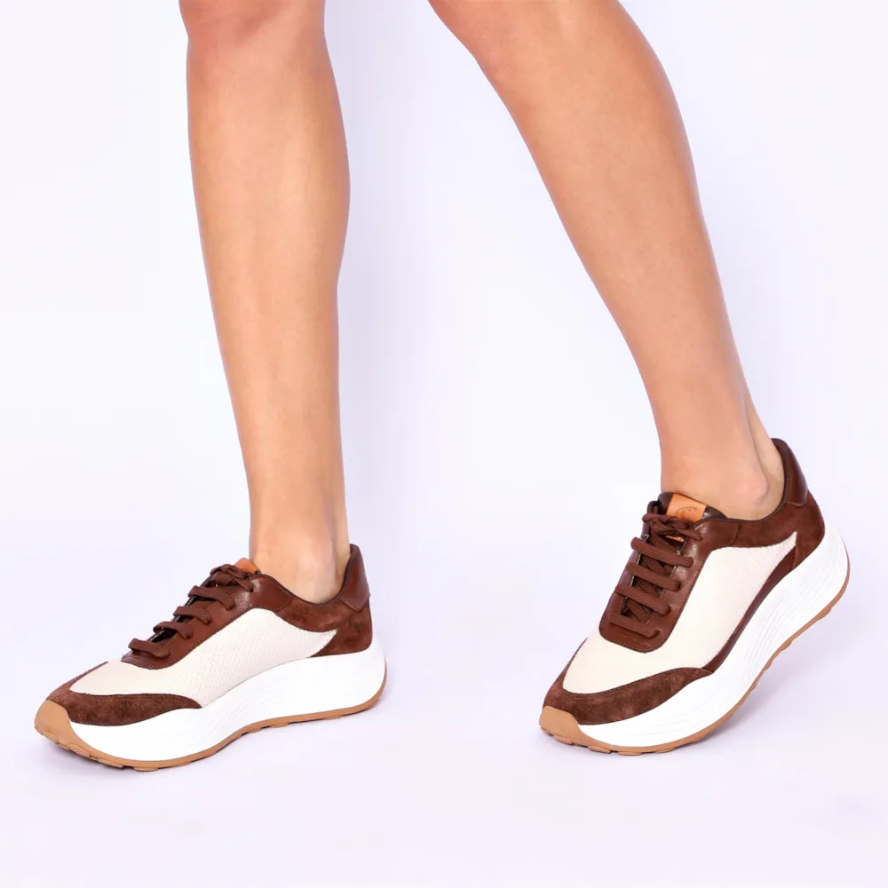 Tênis Plataforma Couro Camurça Marrom/Tela Off White - imagem 2