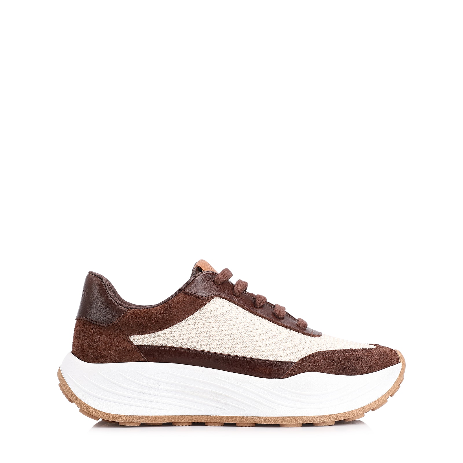 Tênis Plataforma Couro Camurça Marrom/Tela Off White